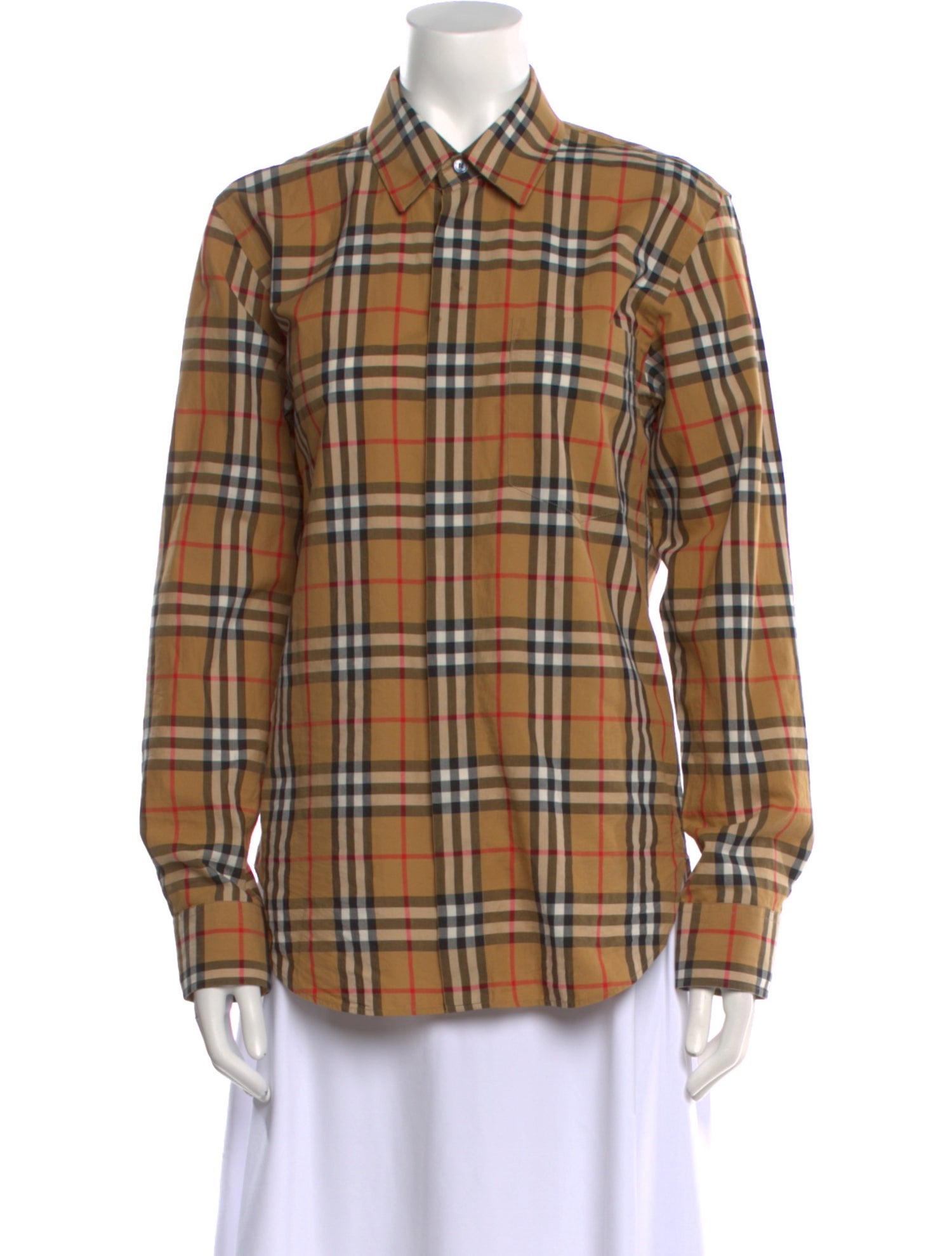 Burberry Plaid Print Long Sleeve Button-Up Top