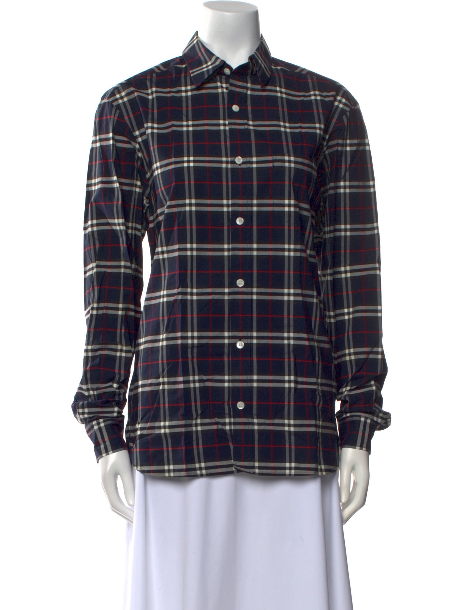 Burberry Plaid Print Long Sleeve Button-Up Top