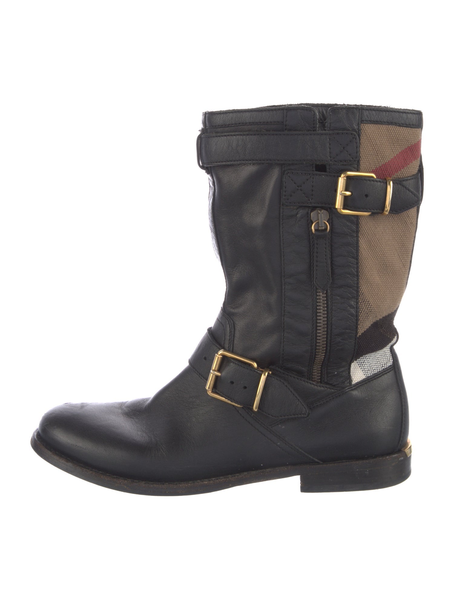 Burberry Leather Plaid Print Moto Boots