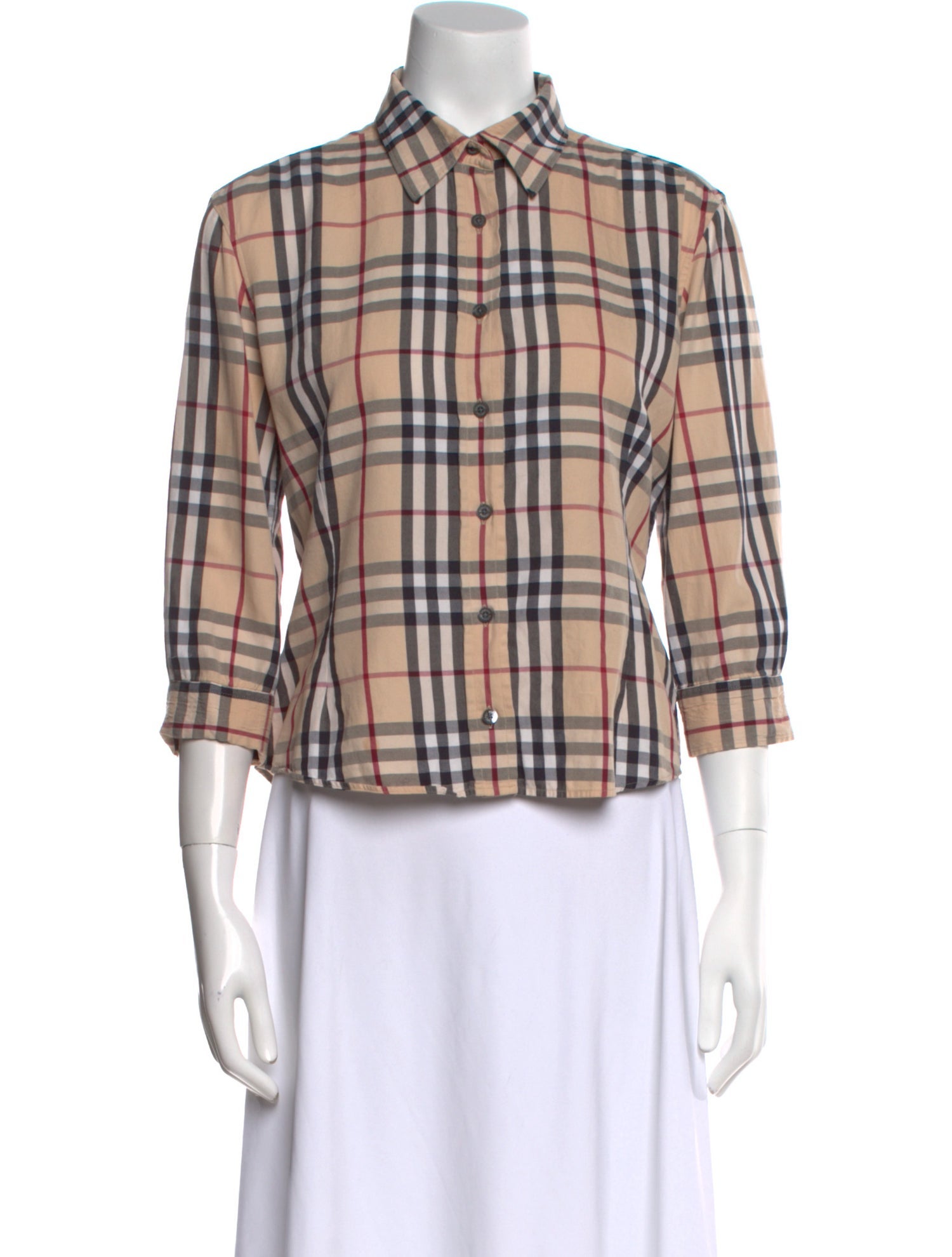 Burberry London Plaid Print Three-Quarter Sleeve Button-Up Top