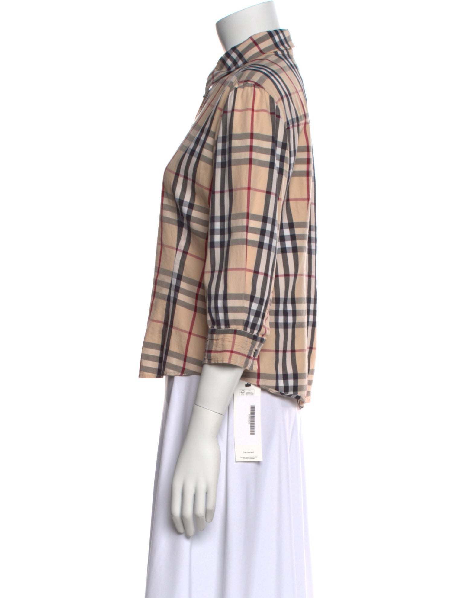Burberry London Plaid Print Three-Quarter Sleeve Button-Up Top