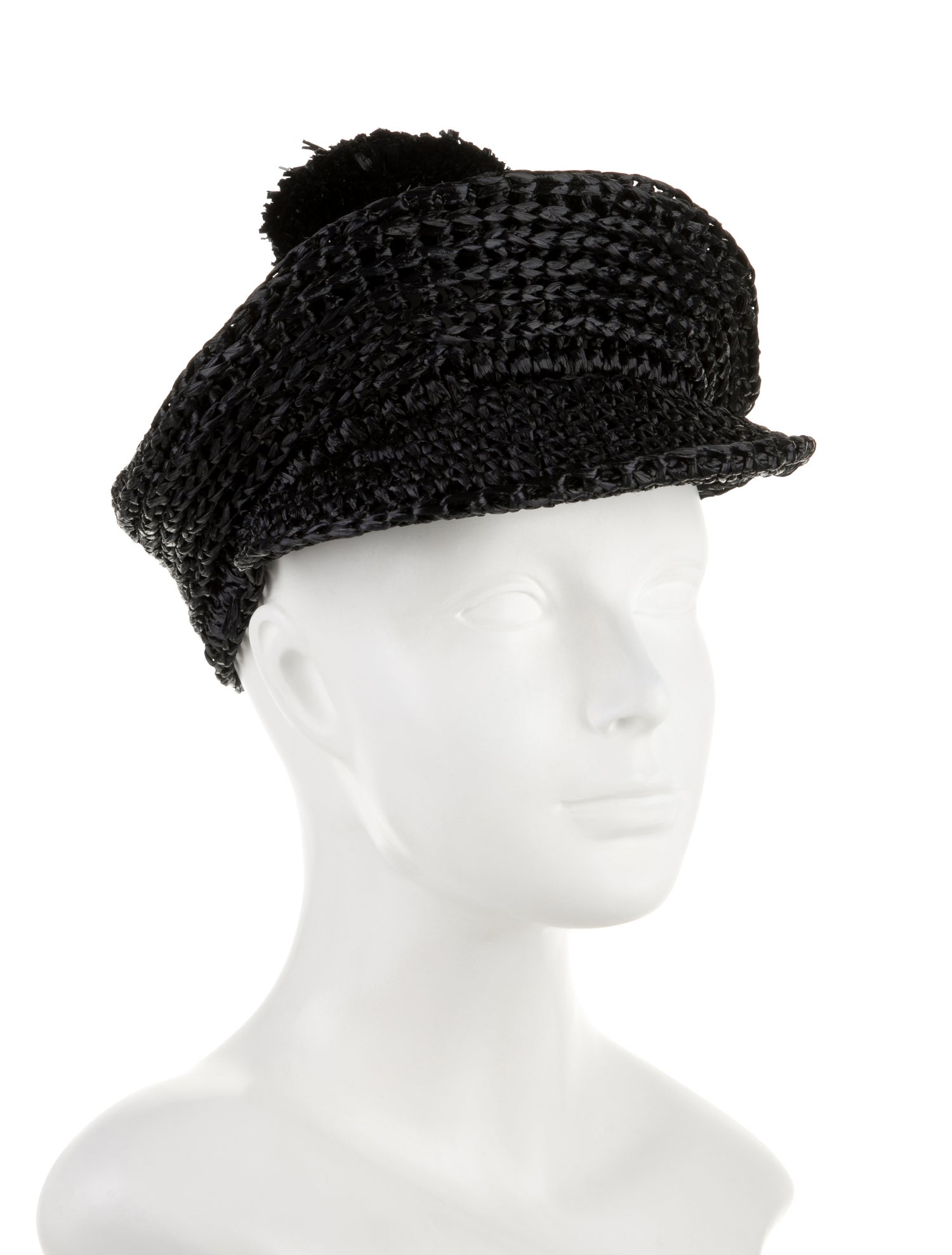 Burberry Prorsum Black Pattern Printed Pompom Raffia Hat