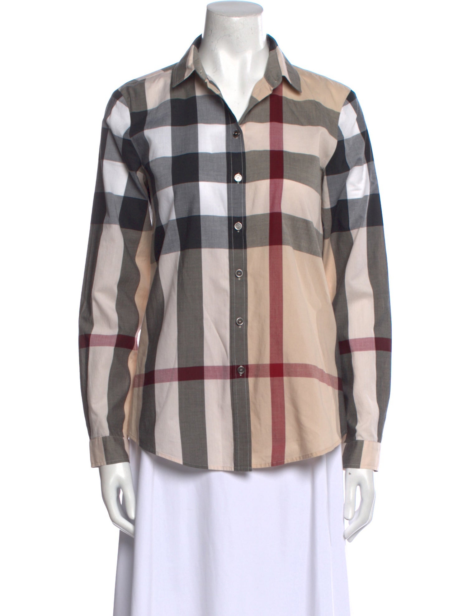 Burberry Plaid Print Long Sleeve Button-Up Top