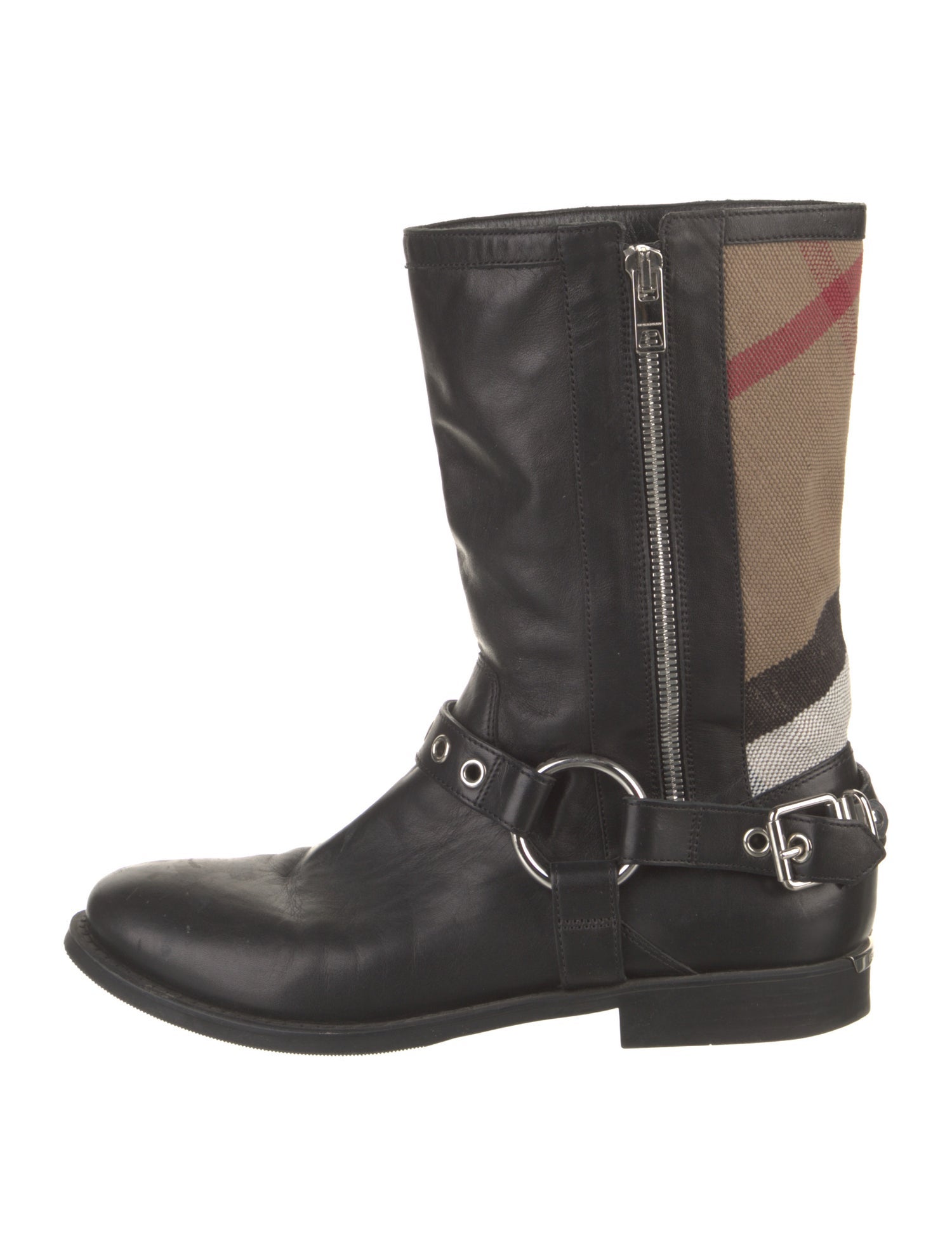 Burberry House Check Pattern Leather Moto Boots