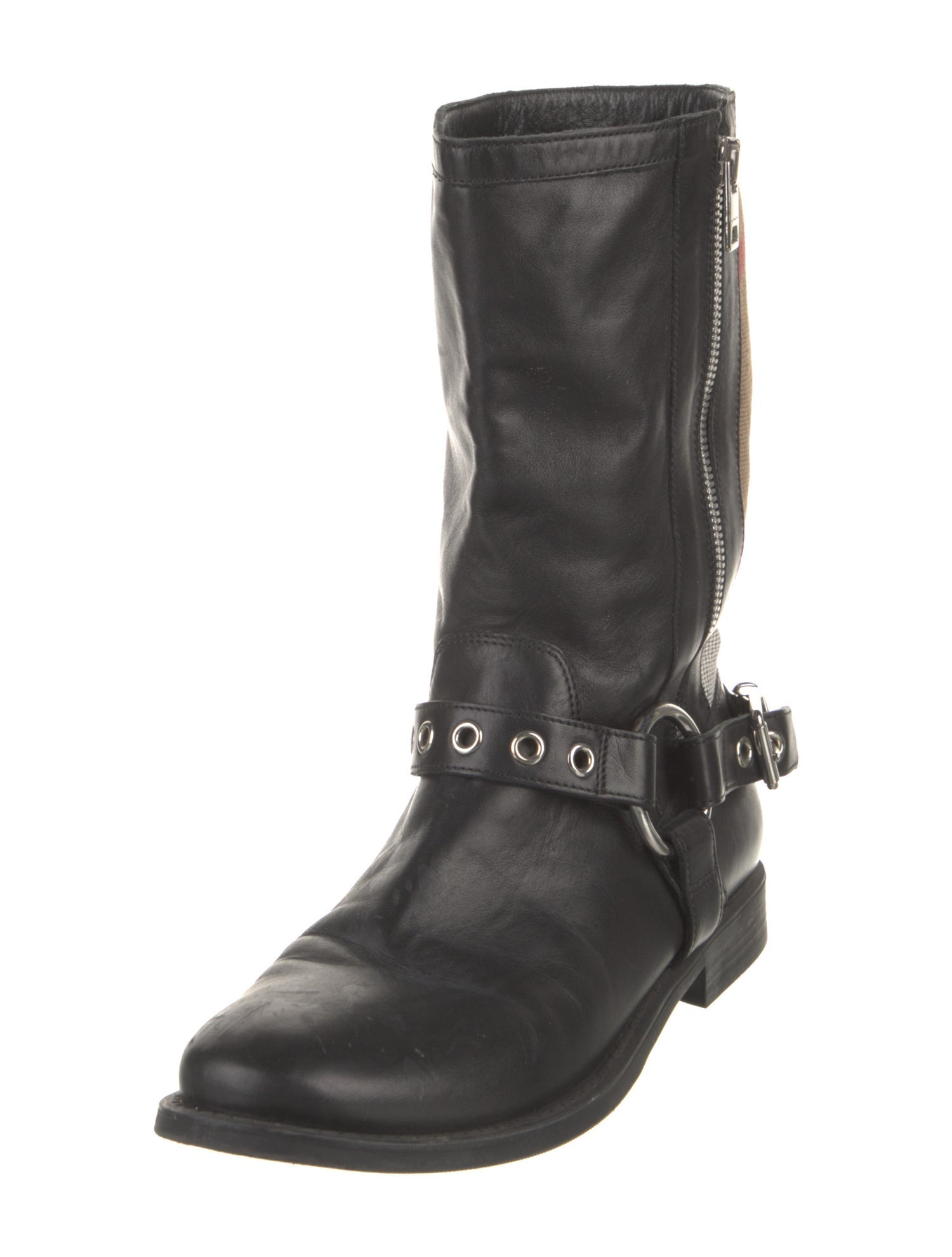 Burberry House Check Pattern Leather Moto Boots