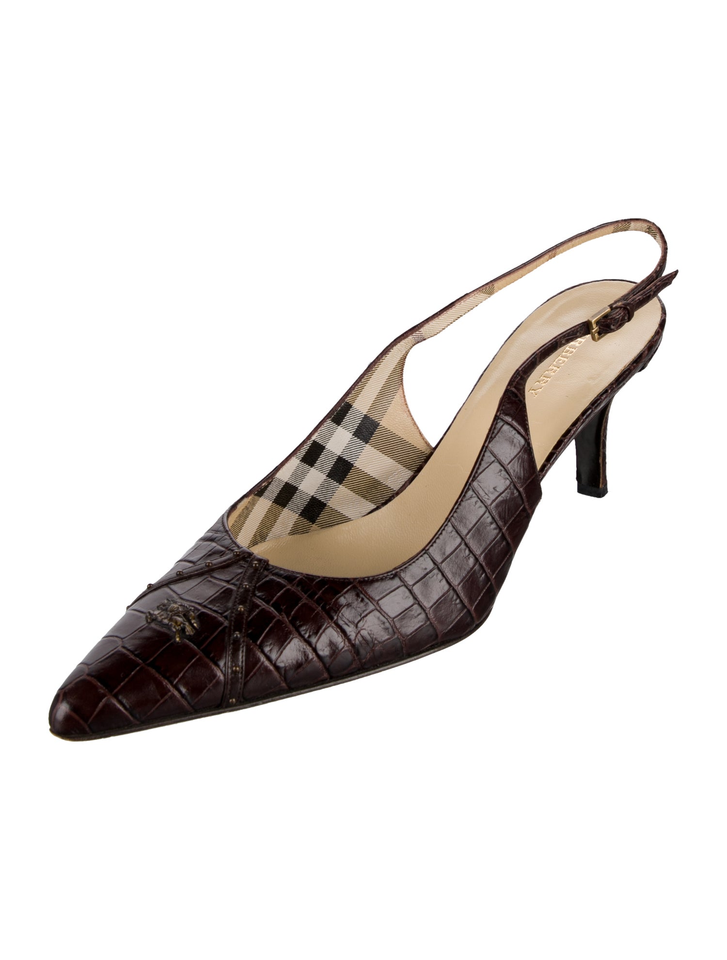 Burberry Embossed Leather Plaid Print Slingback Pumps