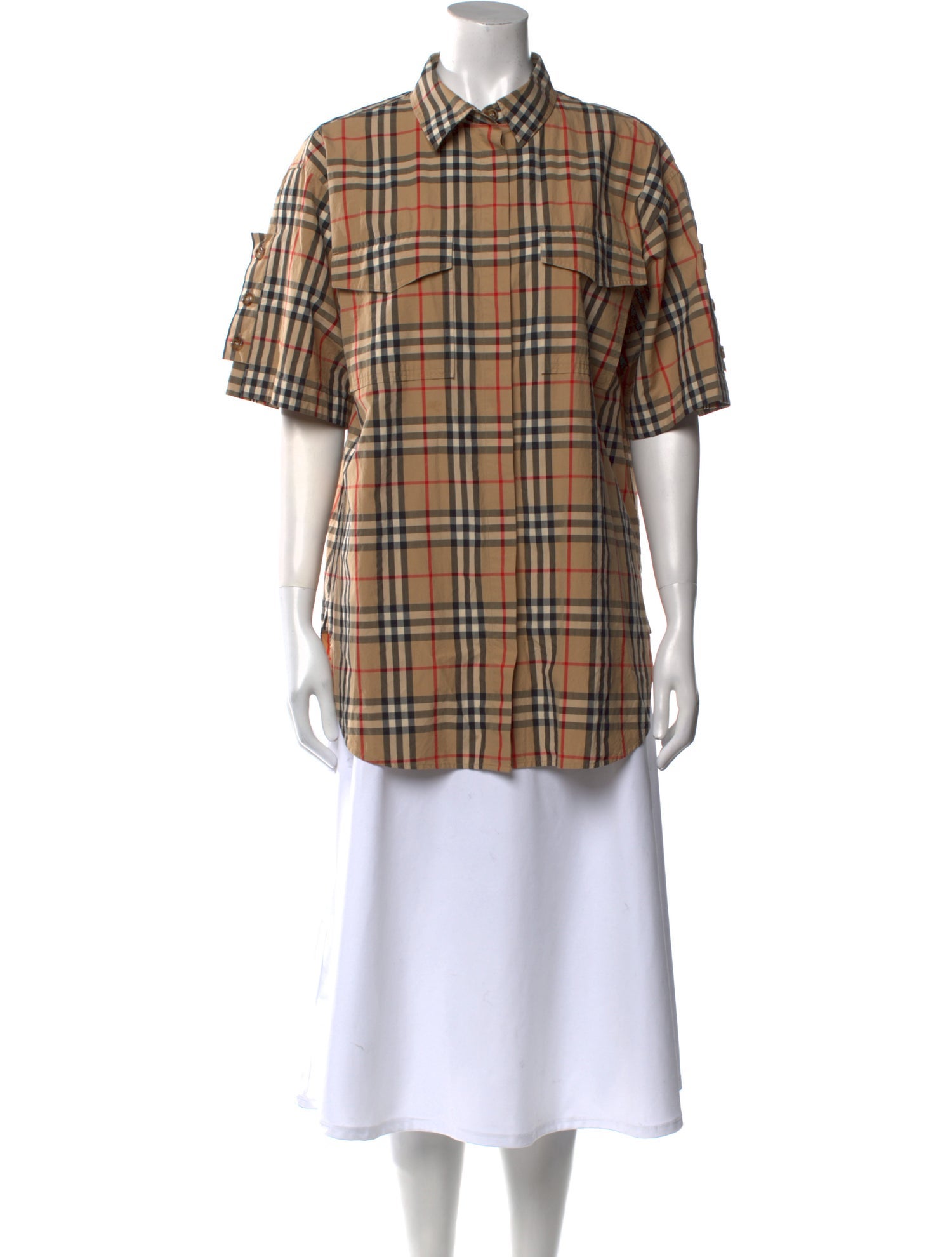 Burberry Plaid Print Mock Neck Button-Up Top