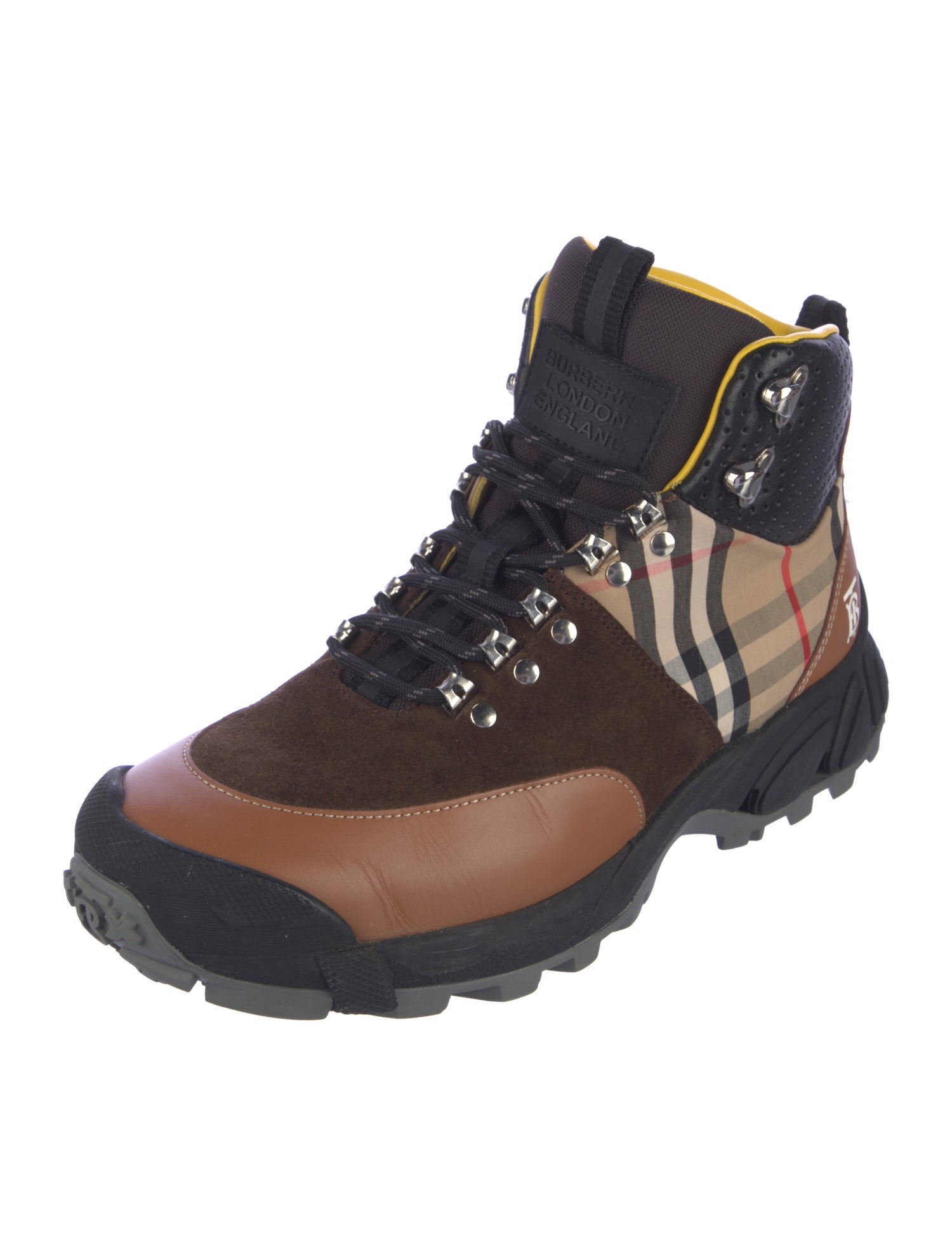 Burberry Leather Plaid Print Hiking Boots