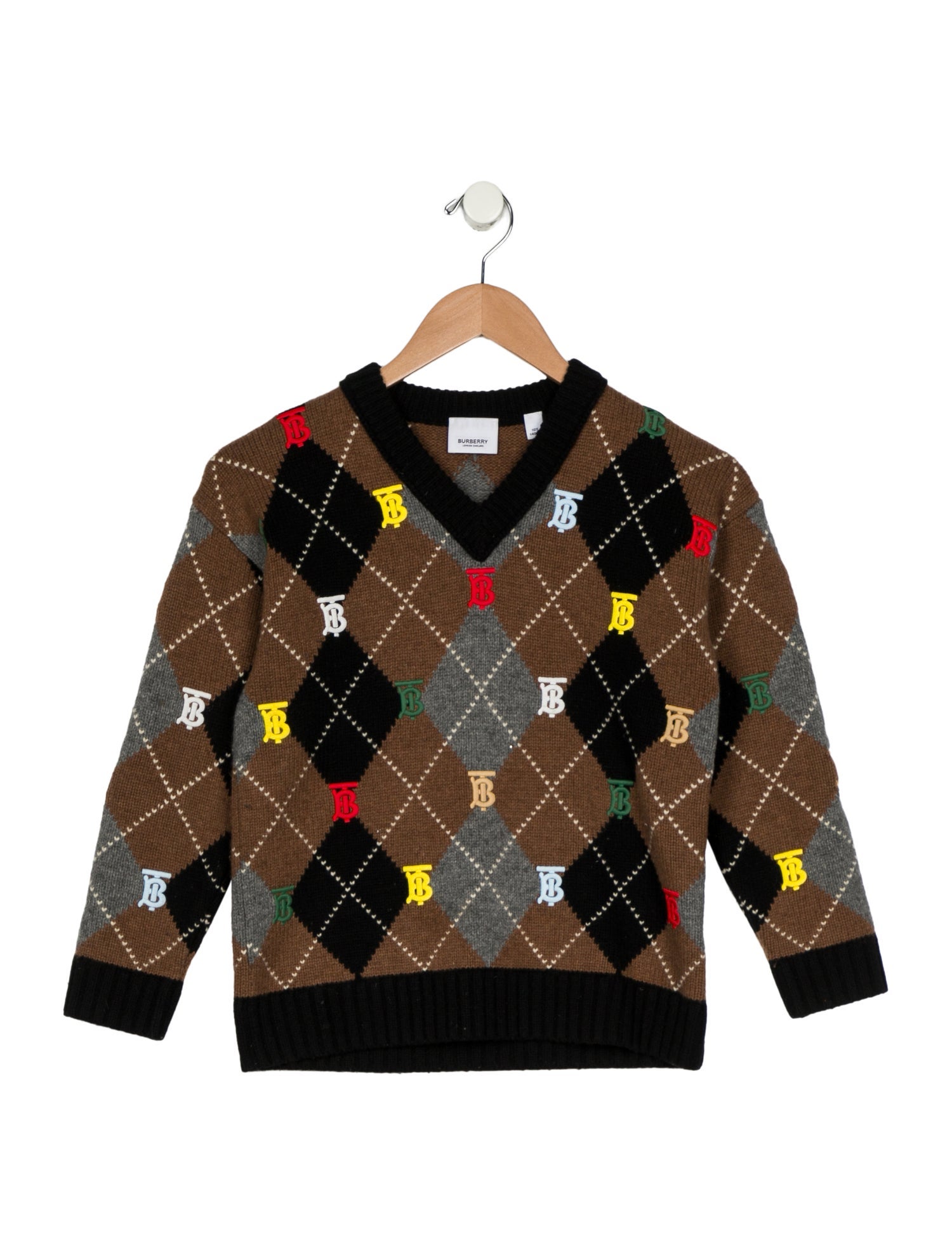 Burberry Boys' Wool Patterned V-Neck Embroidered Sweater