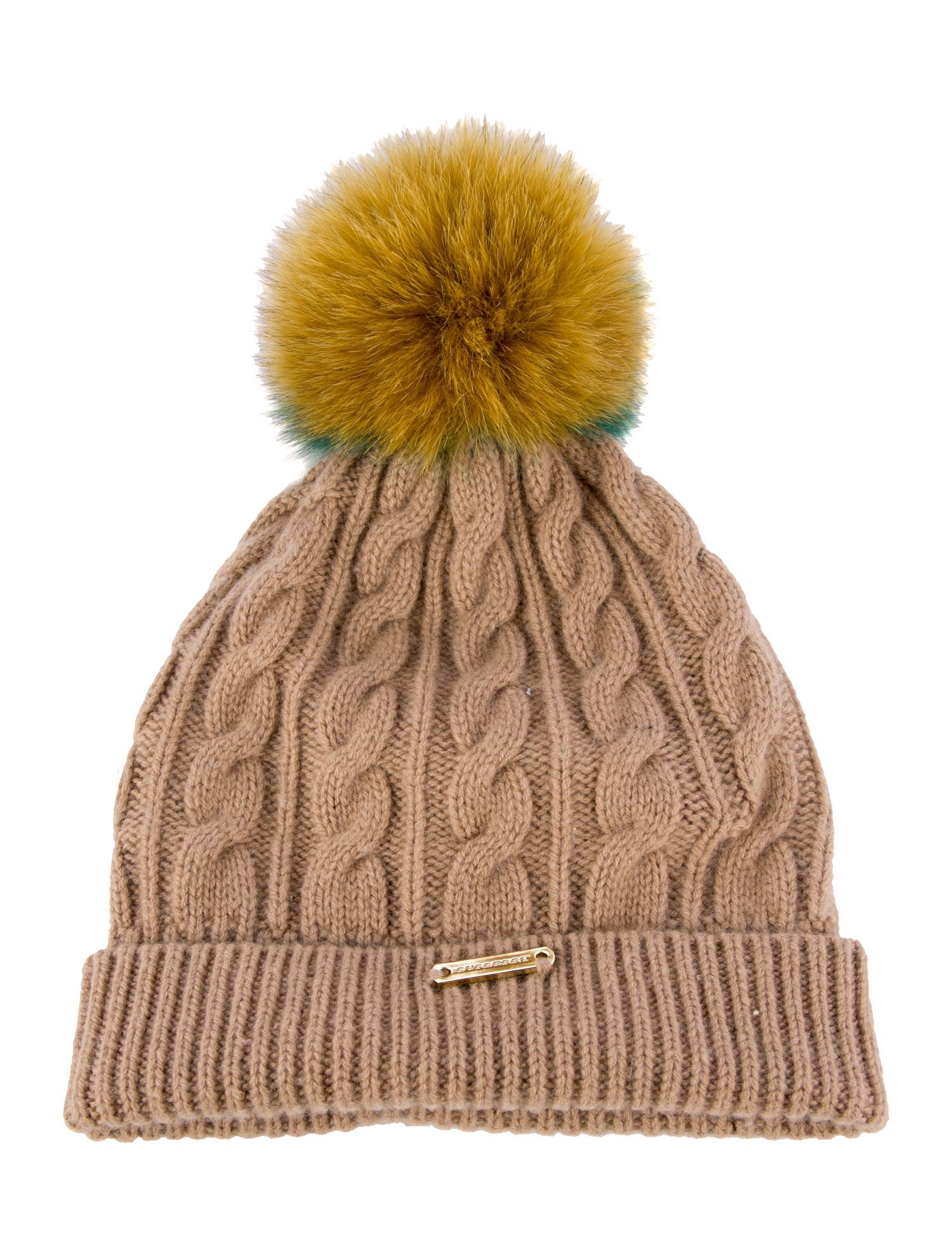 Burberry Wool Cable Knit Fur Pom Beanie