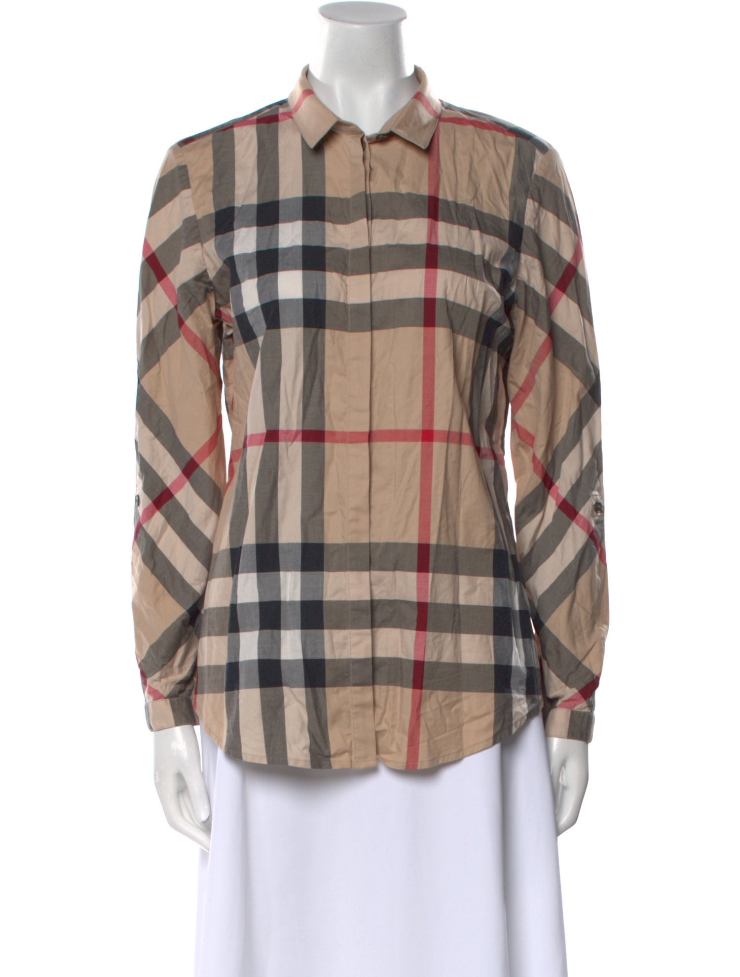 Burberry Plaid Print Long Sleeve Button-Up Top