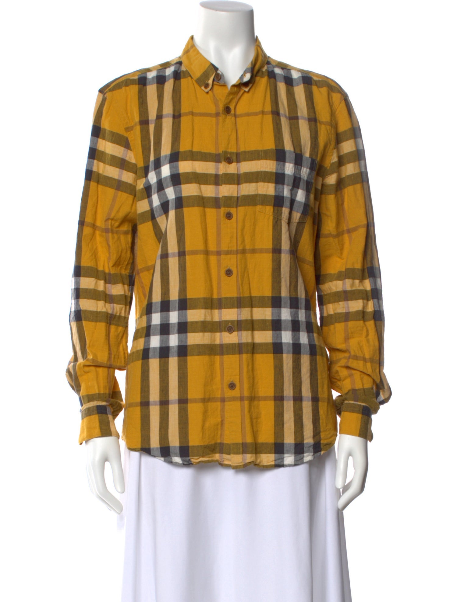 Burberry Linen Plaid Print Button-Up Top