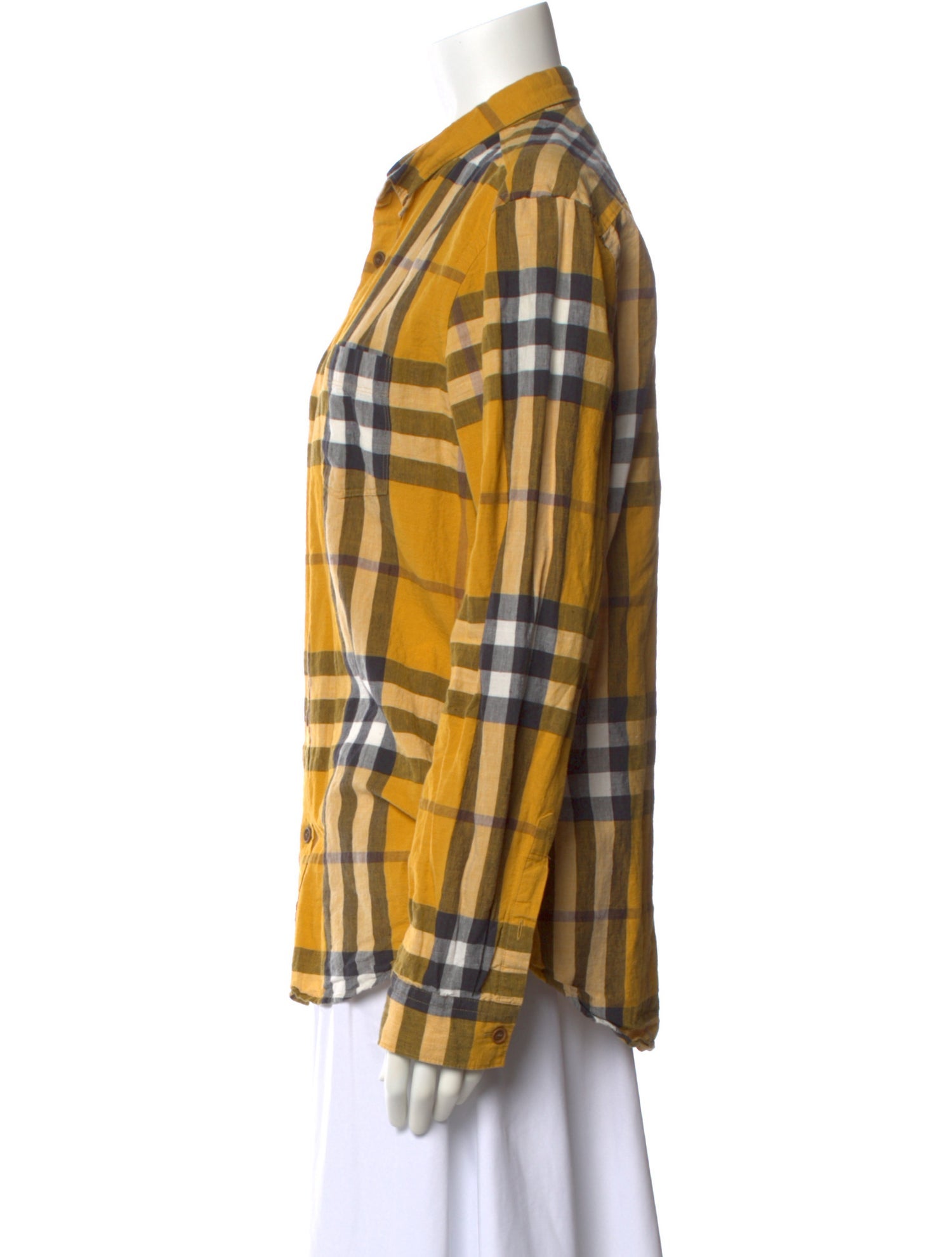 Burberry Linen Plaid Print Button-Up Top