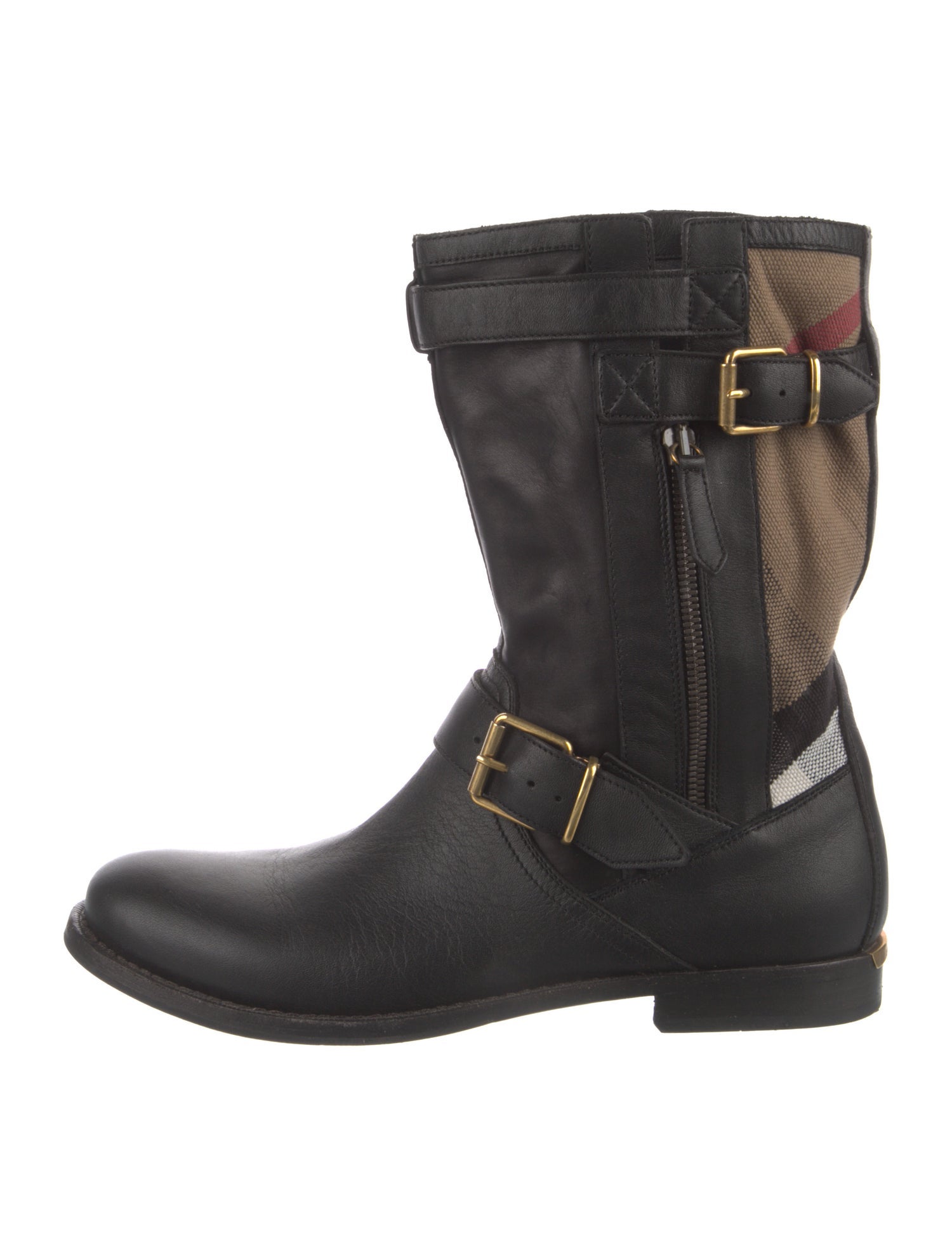 Burberry Leather Plaid Print Moto Boots