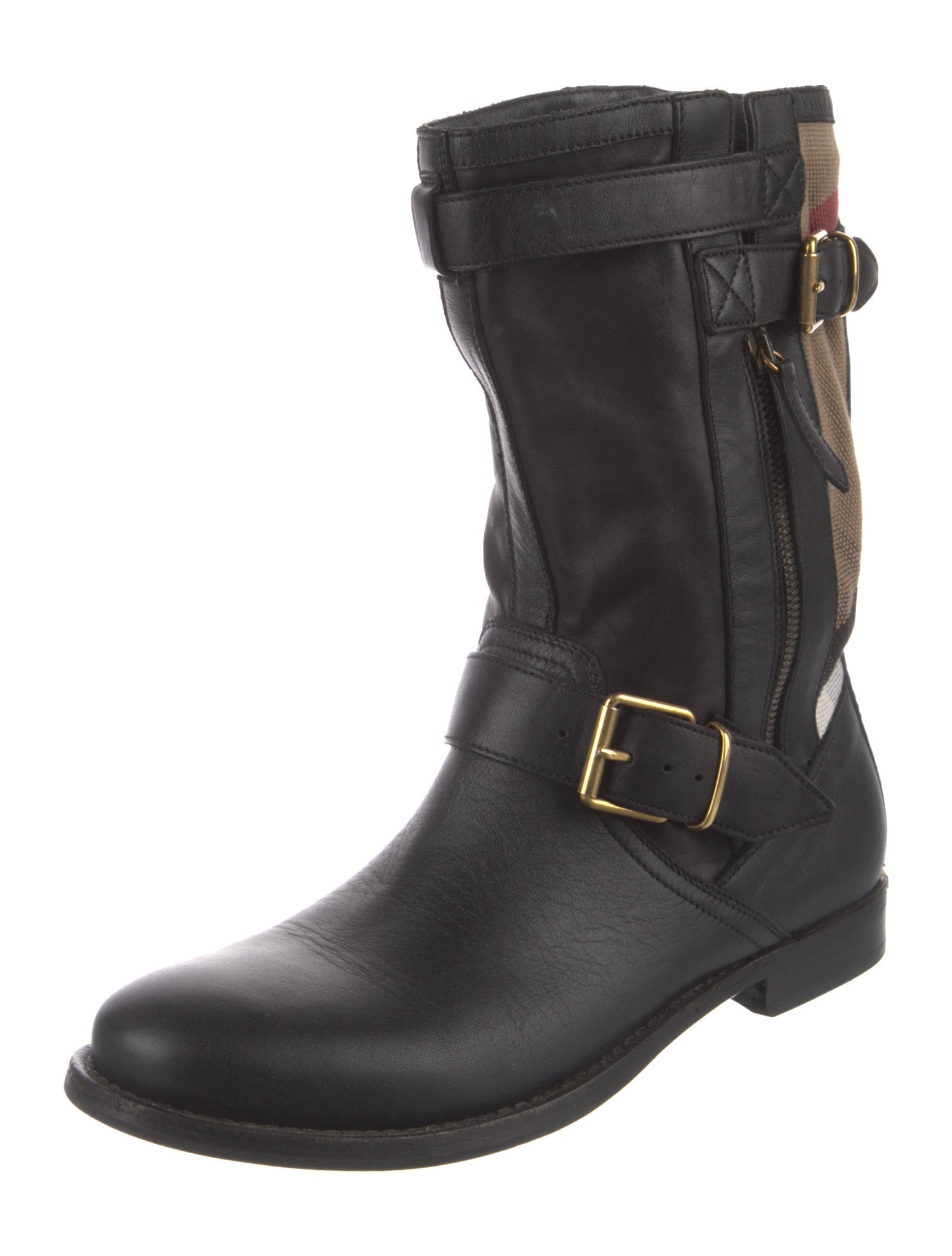 Burberry Leather Plaid Print Moto Boots