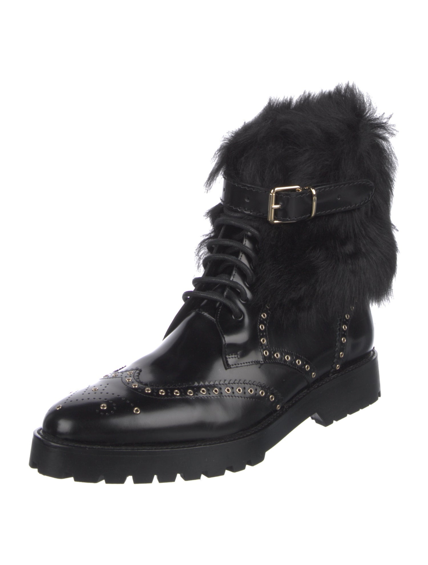 Burberry Leather Fur Trim Combat Boots