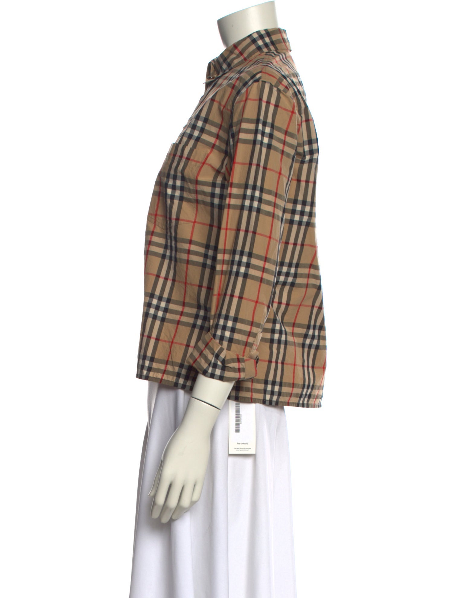 Burberry Plaid Print Mock Neck Button-Up Top