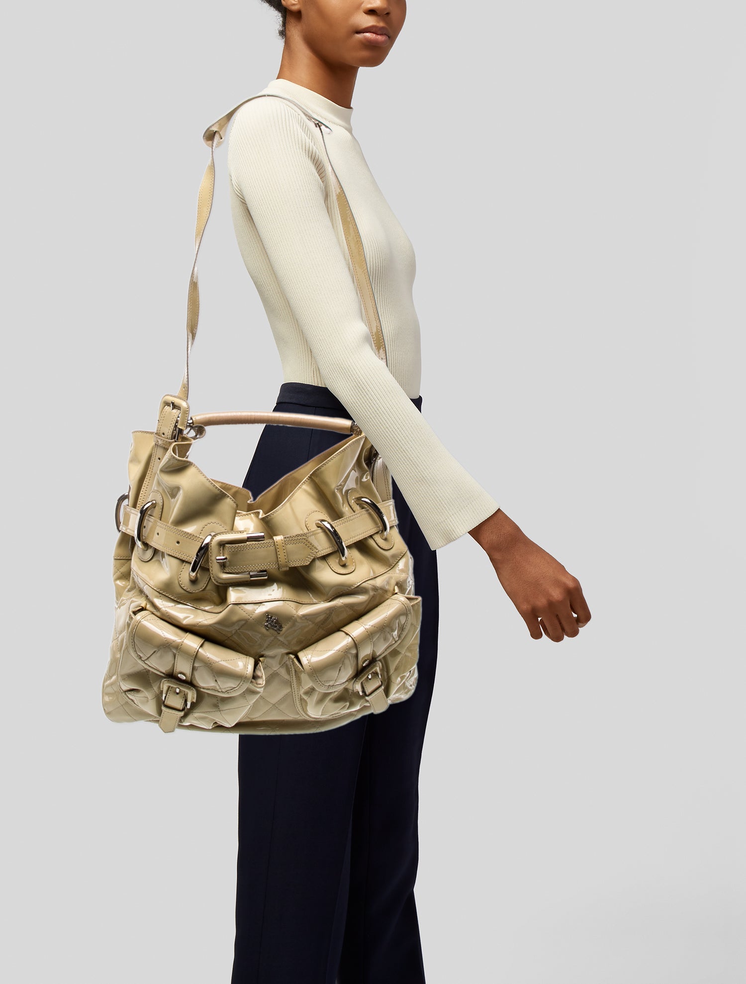 Burberry Quilted Quilted Patent Leather Beaton Tote Bag - Neutrals 