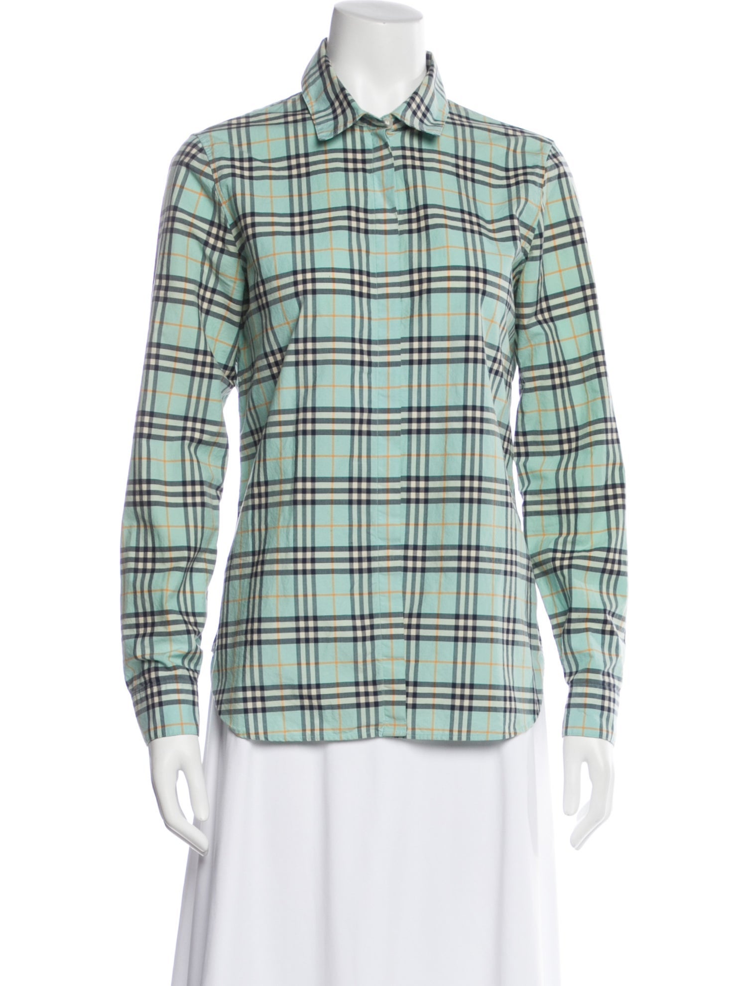 Burberry Plaid Print Long Sleeve Button-Up Top