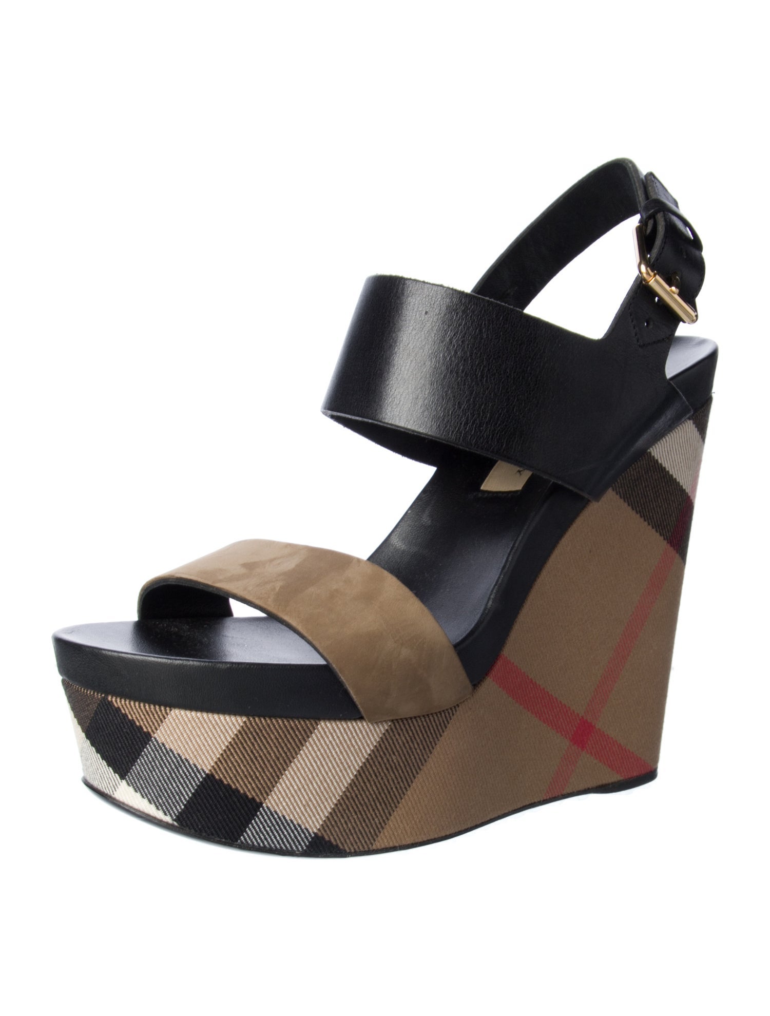 Burberry Leather Plaid Print Slingback Sandals