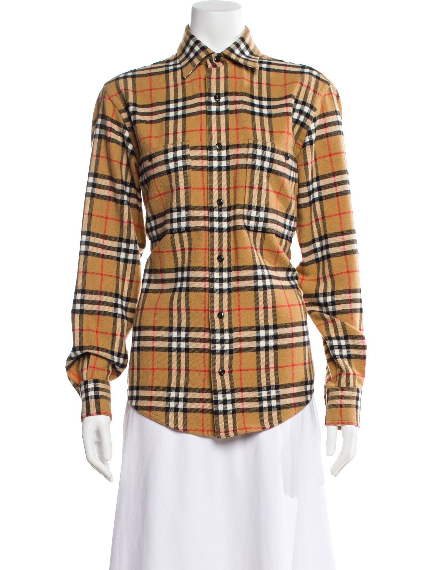 Burberry Wool Plaid Print Button-Up Top