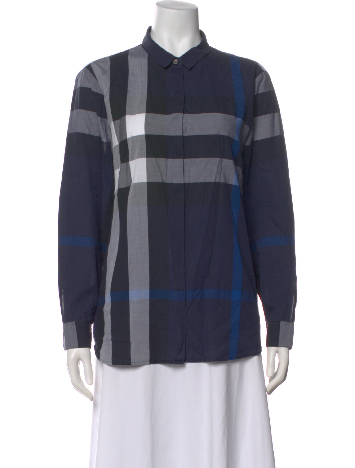 Burberry Plaid Print Long Sleeve Button-Up Top