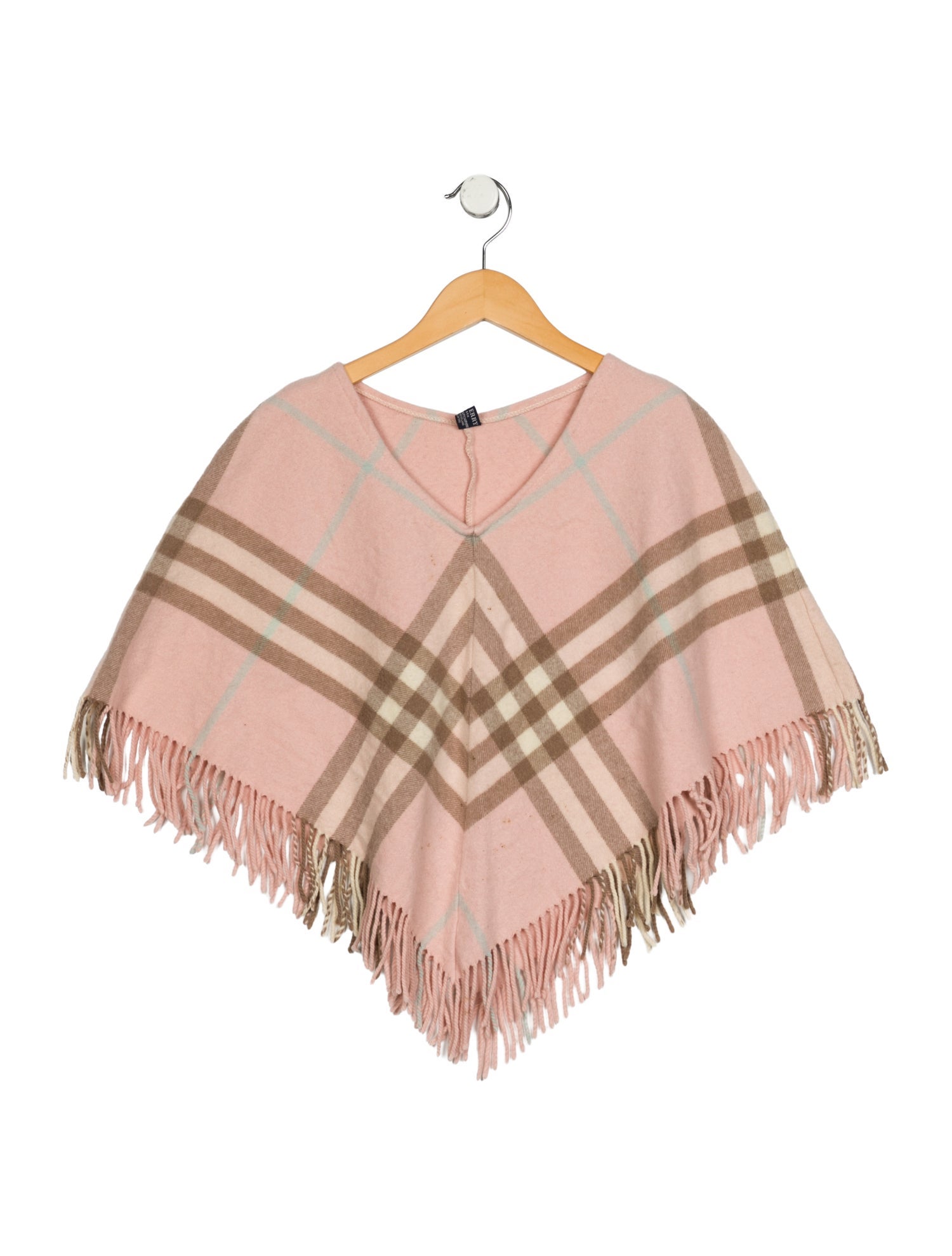 Burberry Wool pink and neutral patterned poncho with fringe
