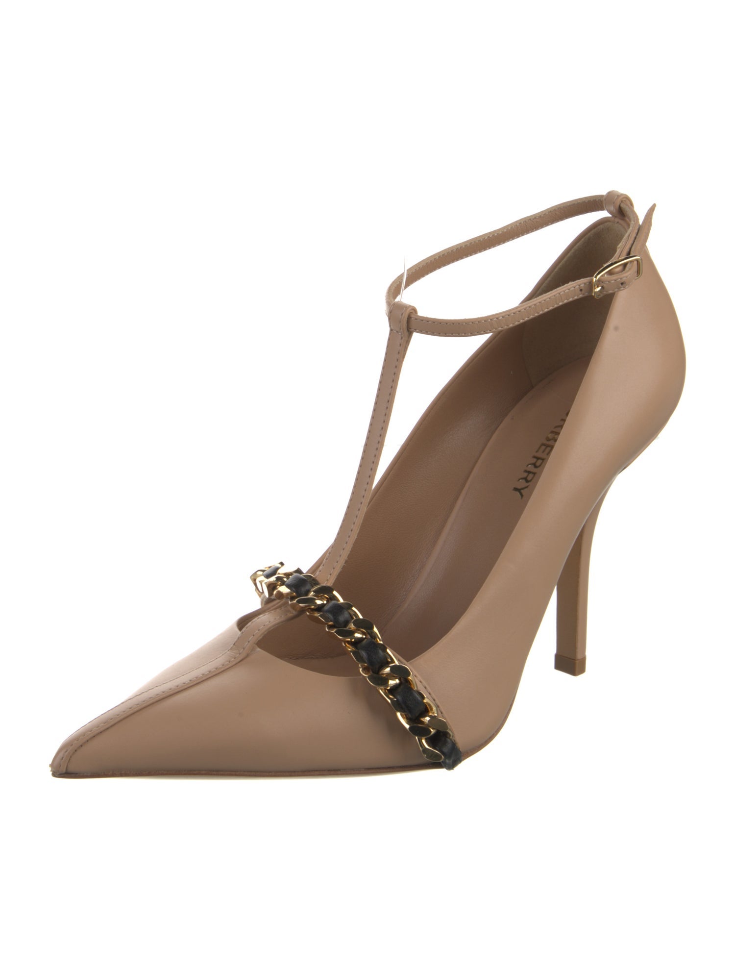 Burberry Leather Chain-Link Accents T-Strap Pumps