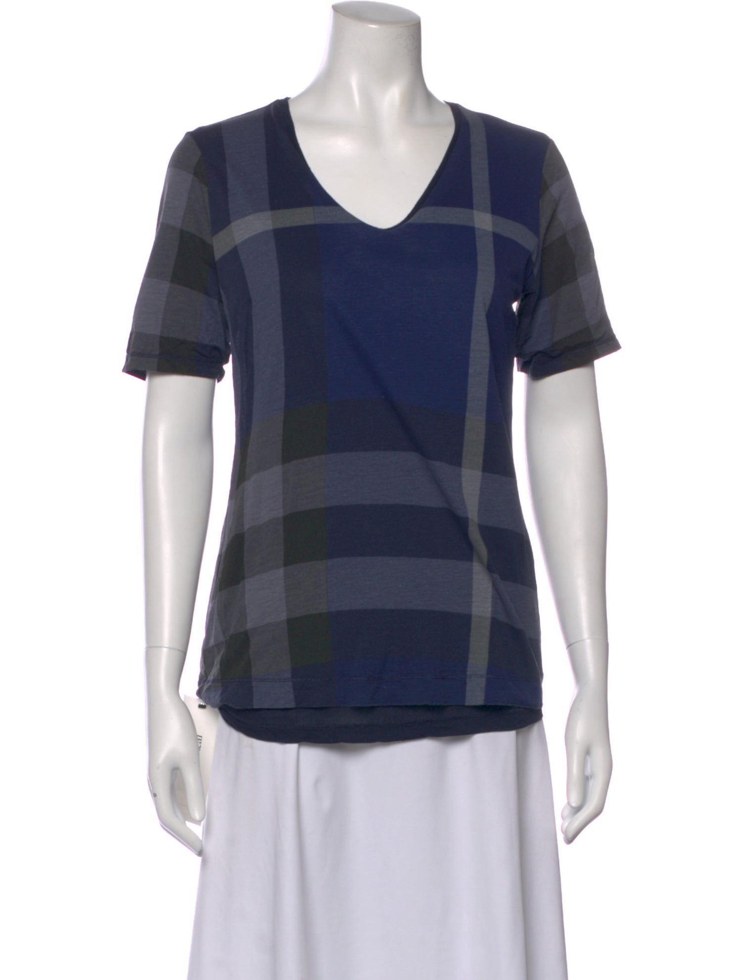 Burberry Plaid Print V-Neck T-Shirt