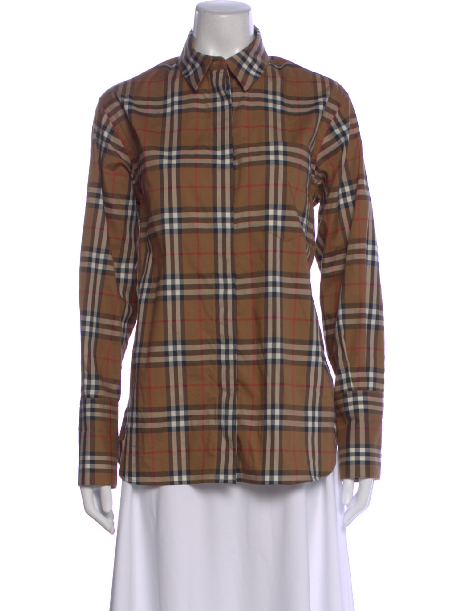Burberry Plaid Print Long Sleeve Button-Up Top