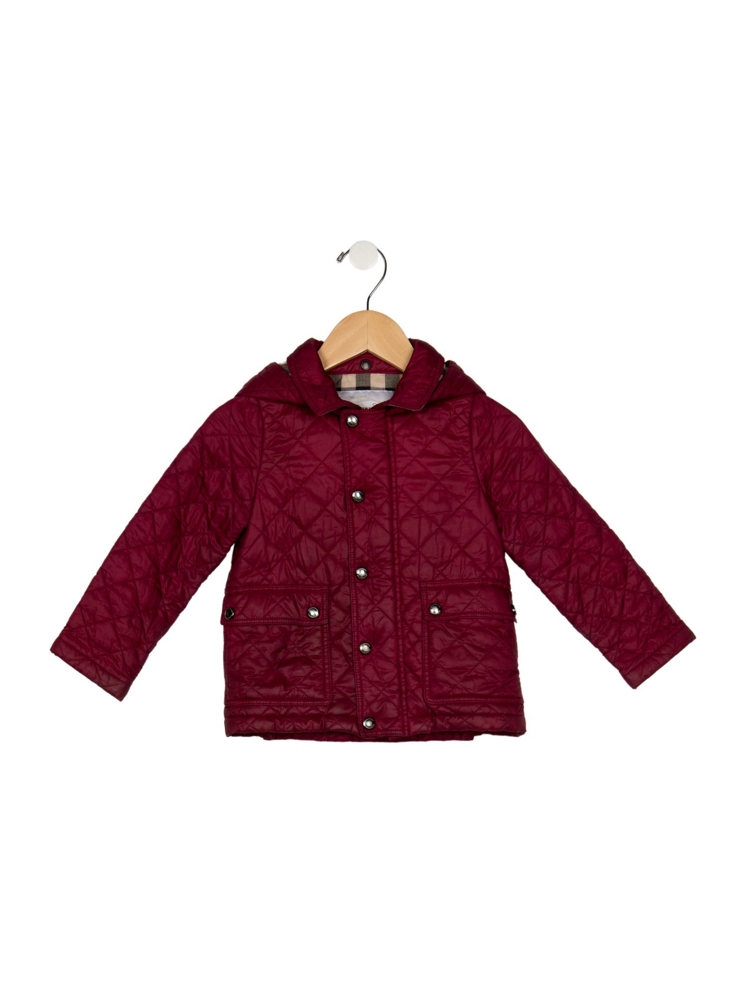Burberry Burgundy casual quilted coat with detachable hood and zip closure