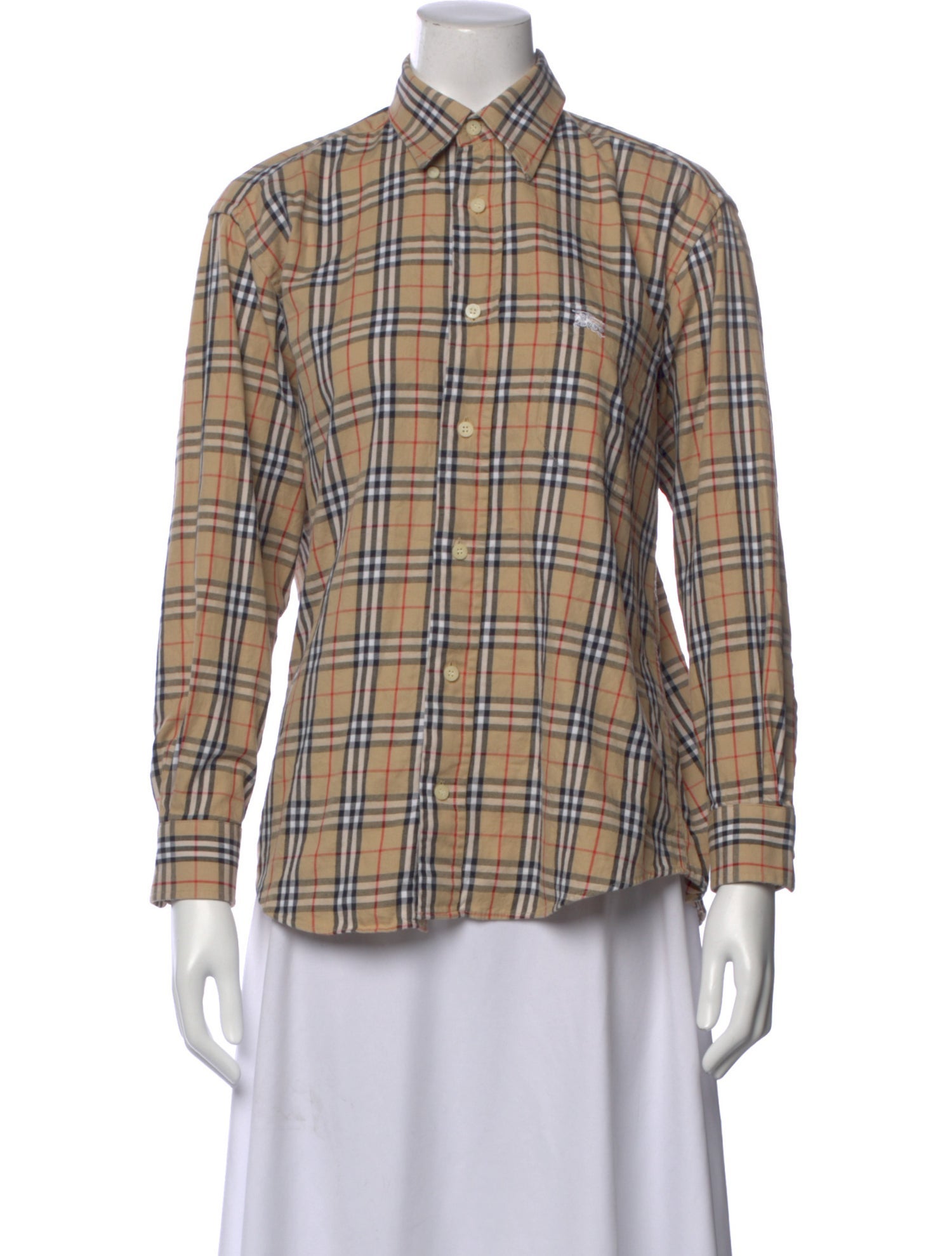 Burberry Plaid Print Long Sleeve Button-Up Top