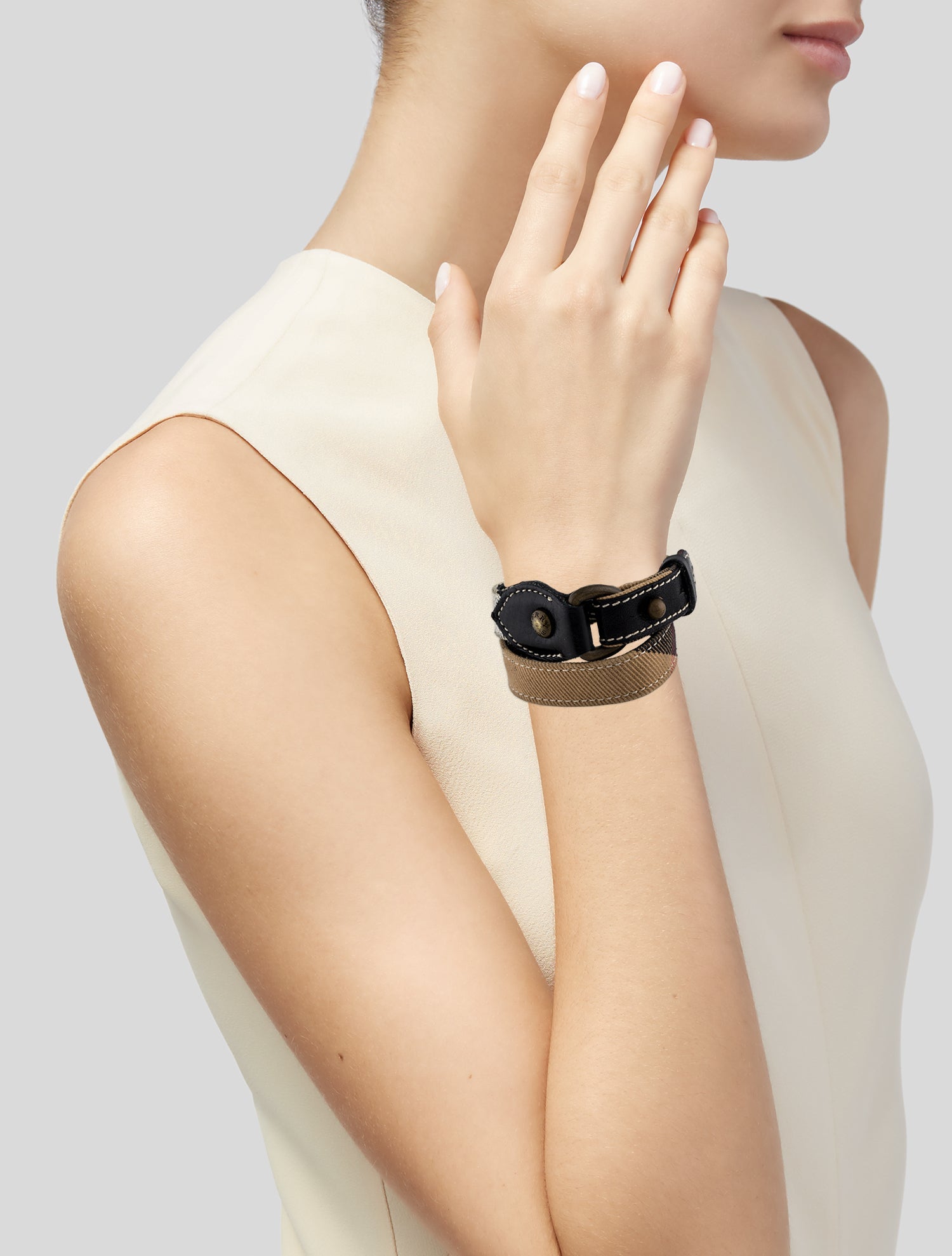 Burberry Leather & Fabric Check Print Wrap Bracelet