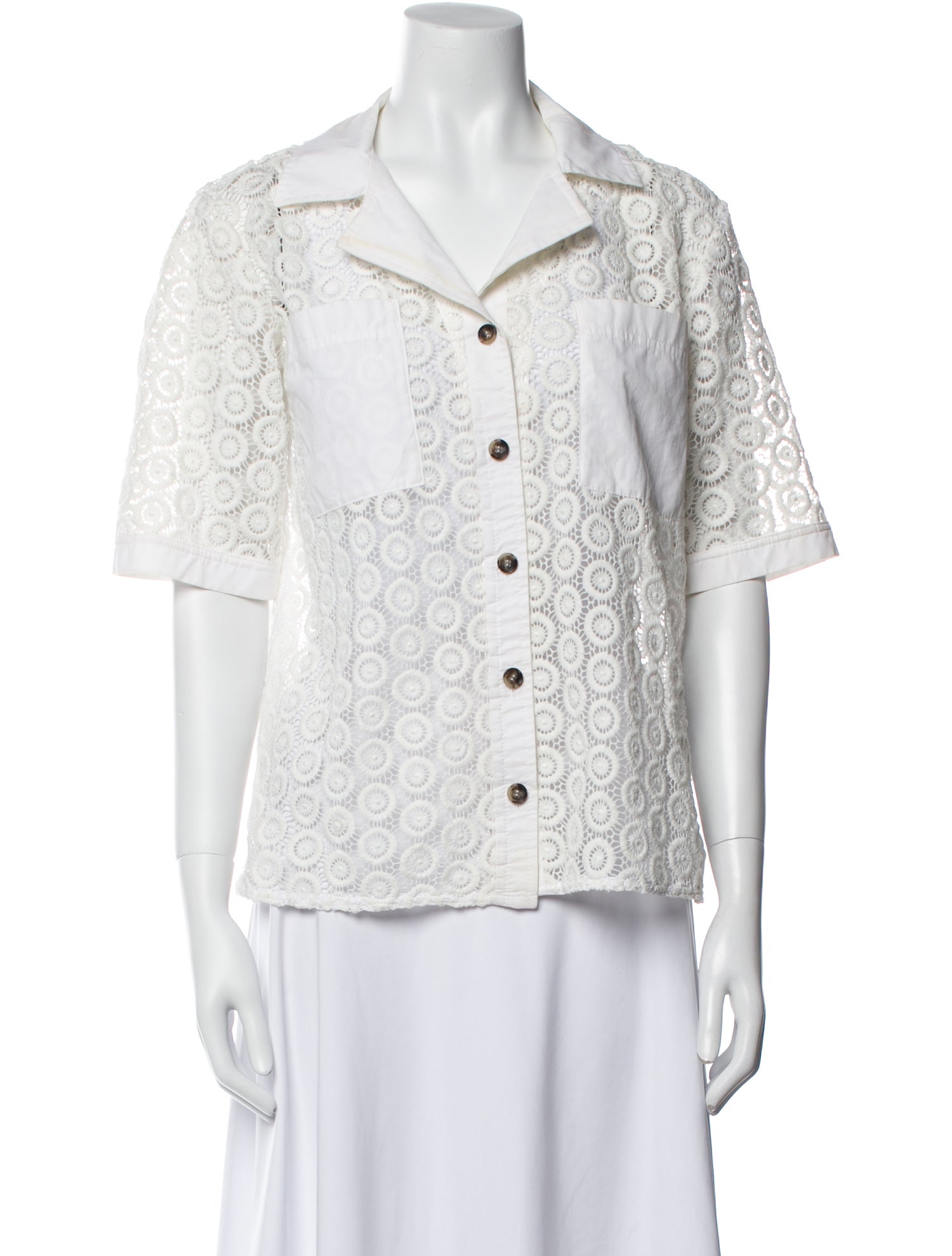 Beau Souci Lace Pattern Short Sleeve Button-Up Top
