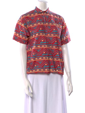 Cacharel Printed Mock Neck Button-Up Top