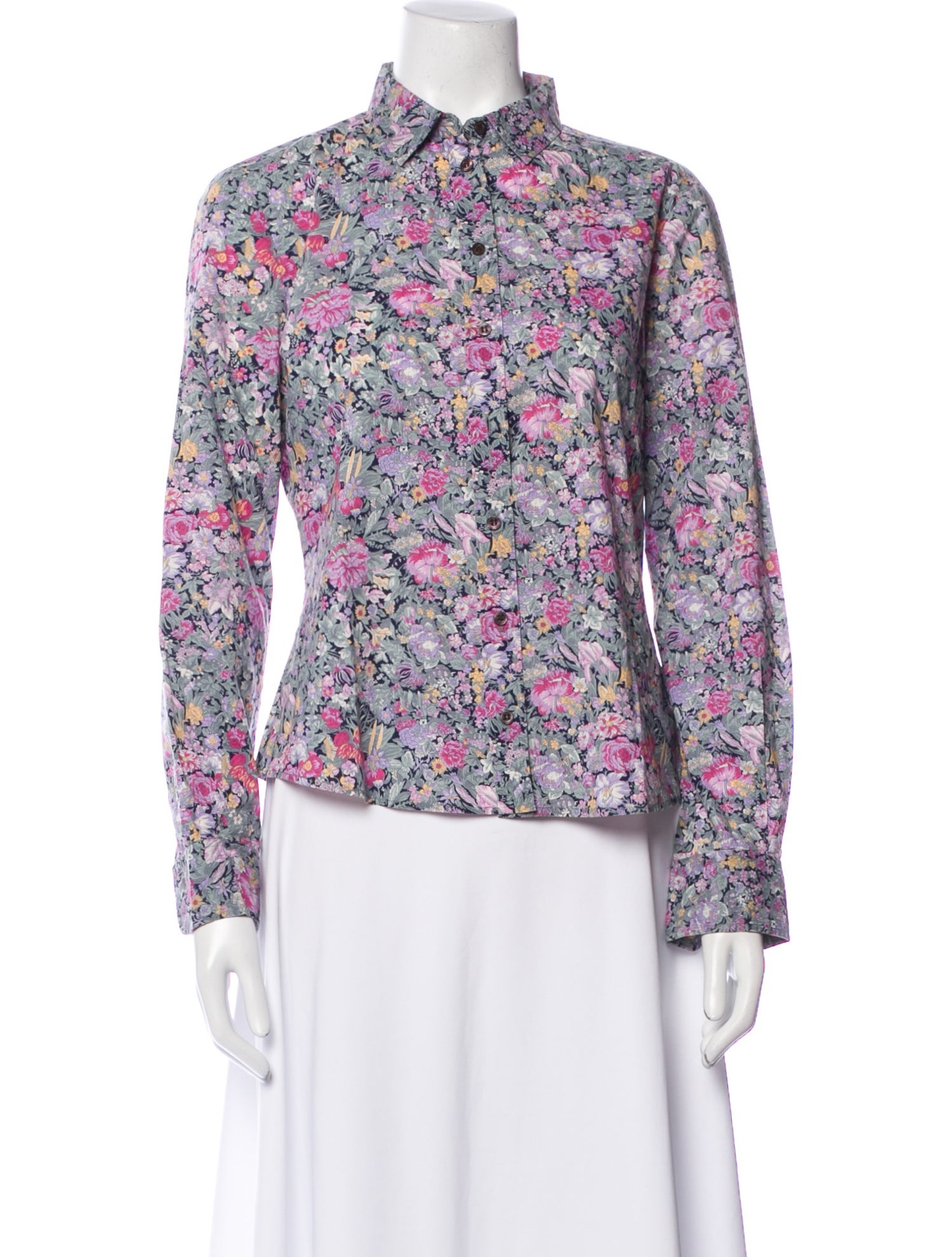 Cacharel Floral Print Mock Neck Button-Up Top