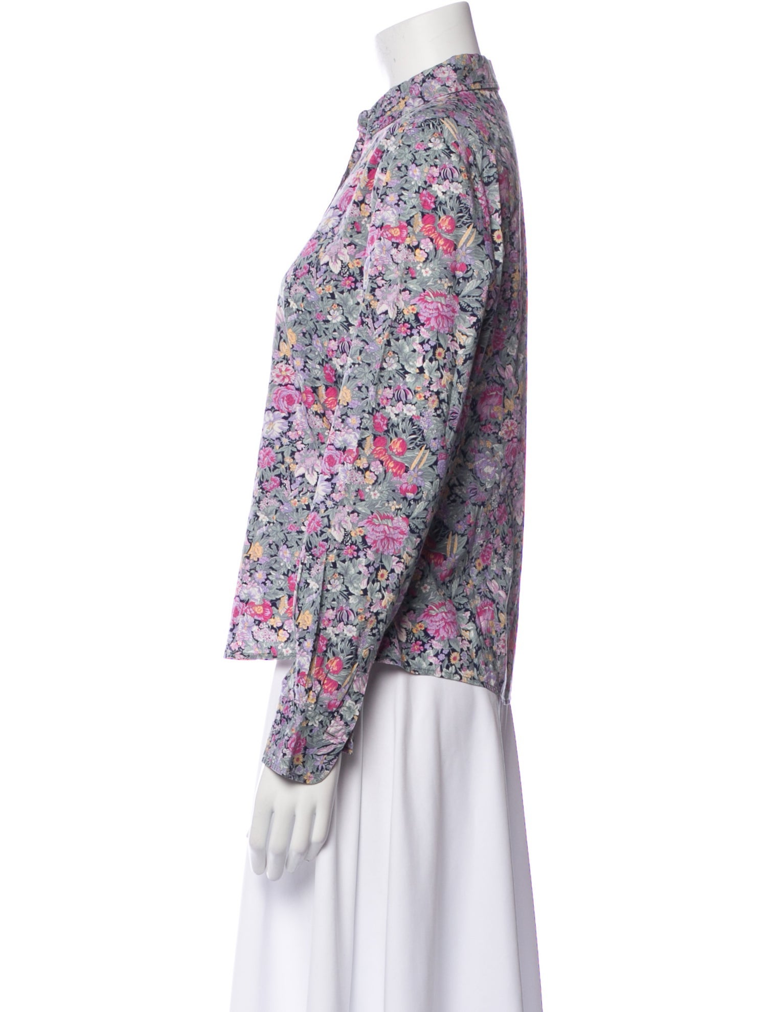 Cacharel Floral Print Mock Neck Button-Up Top