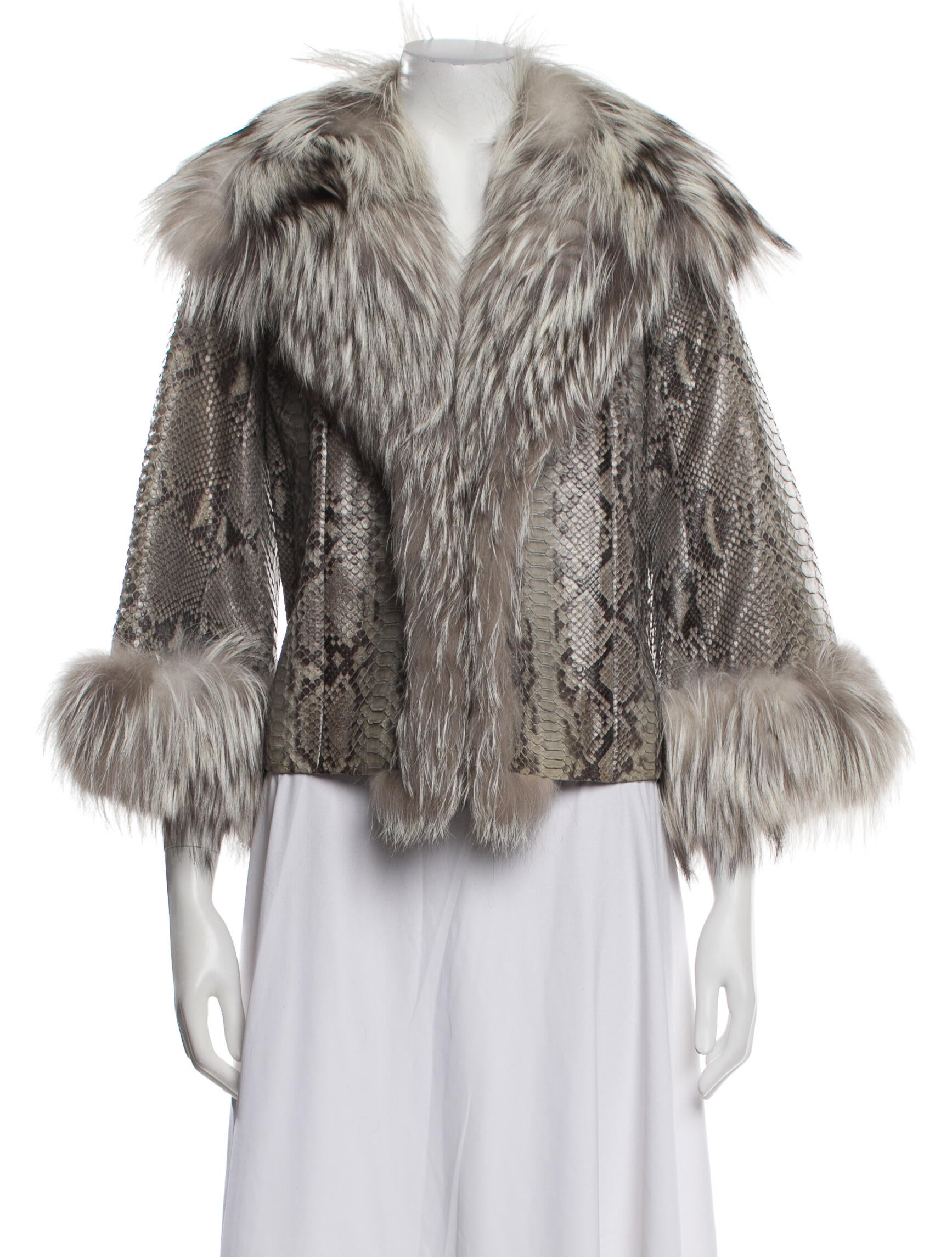 Carmen Marc Valvo Python Tweed Pattern Faux Fur Jacket