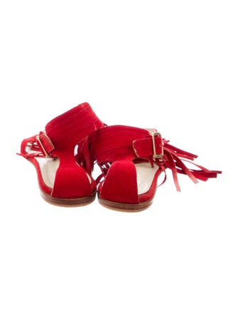 Candela Suede Fringe Trim Accent T-Strap Sandals