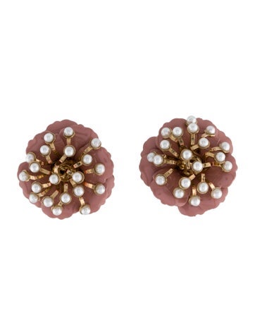 Carolina Herrera Earclip Faux Pearl & Enamel Flower Stud Earrings