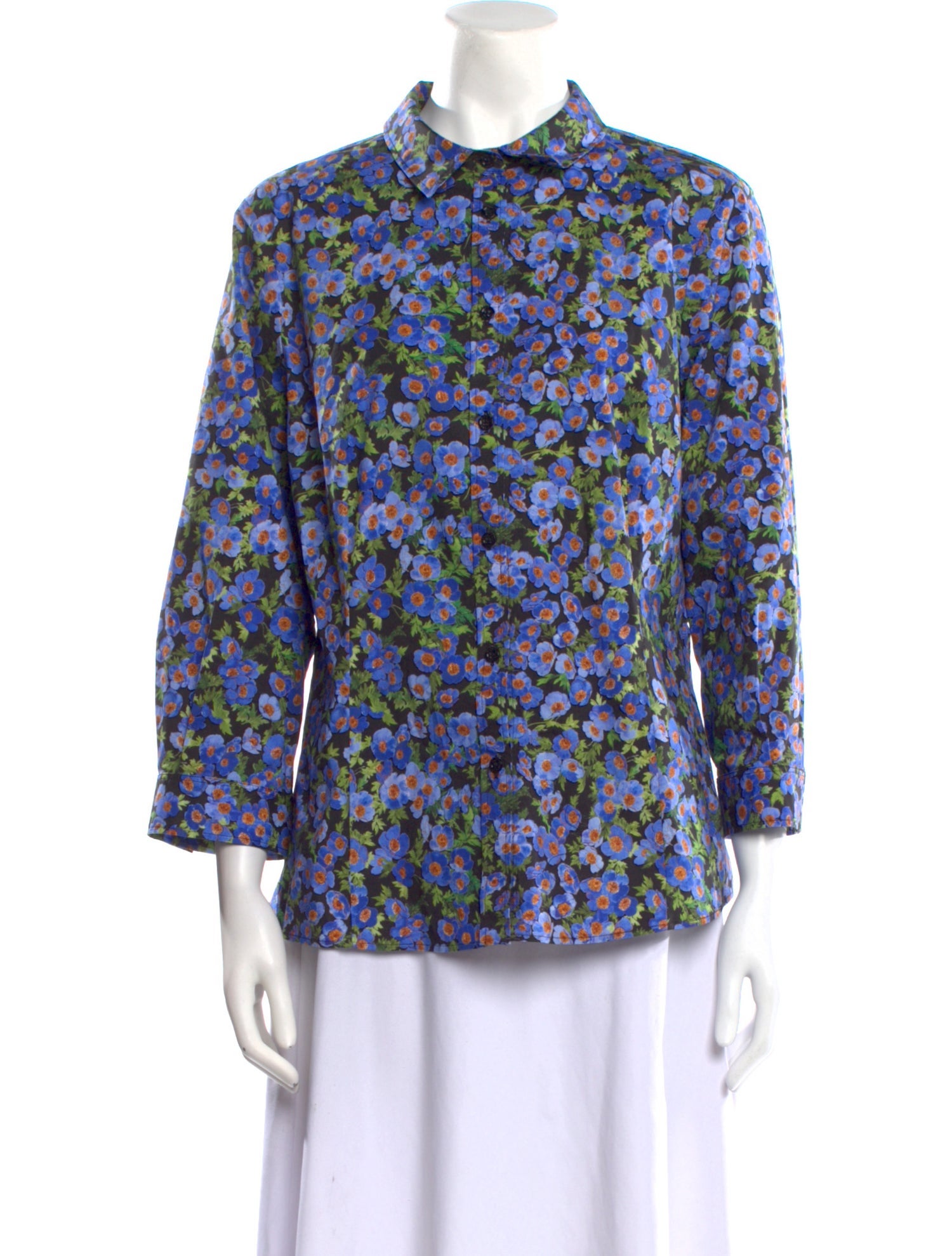 Carolina Herrera Floral Print Three-Quarter Sleeve Button-Up Top