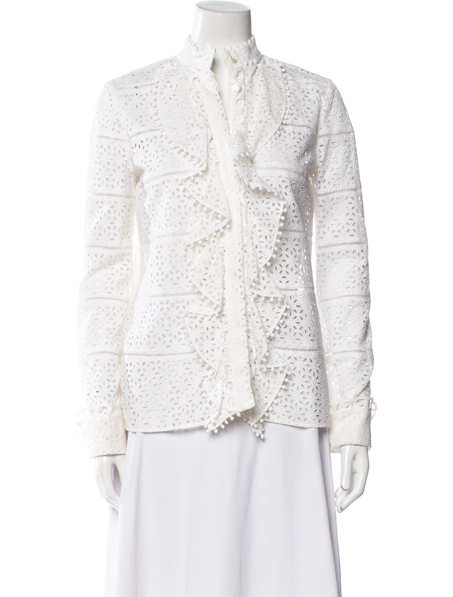 Carolina Herrera Lace Pattern Mock Neck Button-Up Top
