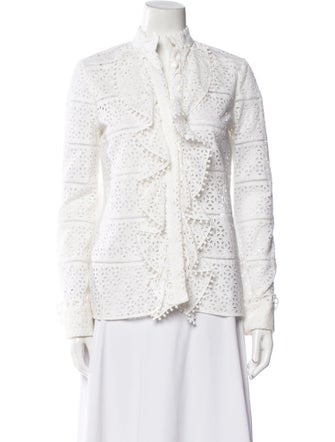 Carolina Herrera Lace Pattern Mock Neck Button-Up Top
