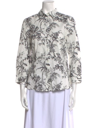Carolina Herrera Floral Print Three-Quarter Sleeve Button-Up Top