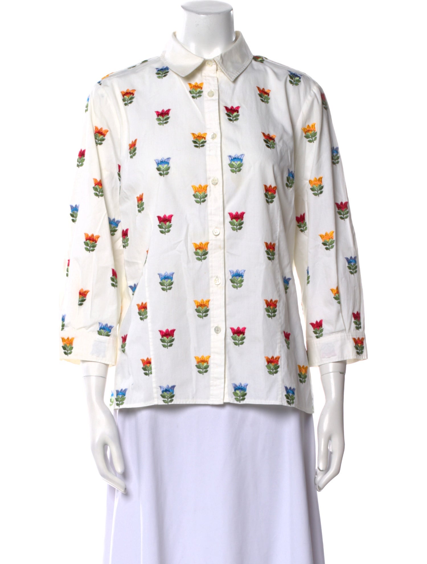 Carolina Herrera Printed Three-Quarter Sleeve Button-Up Top