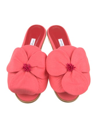 Carolina Herrera Canvas Leather Trim Embellishment Slides