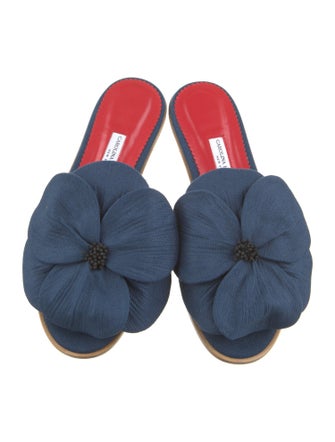 Carolina Herrera Canvas Leather Trim Embellishment Slides