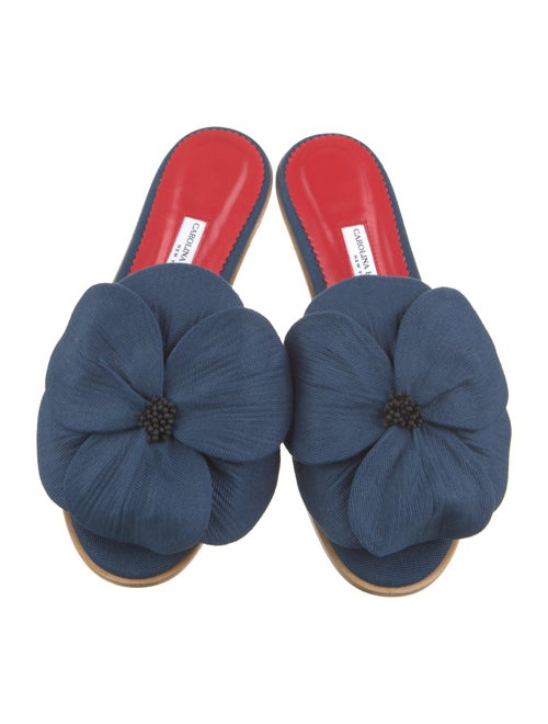 Carolina Herrera Canvas Leather Trim Embellishment Slides