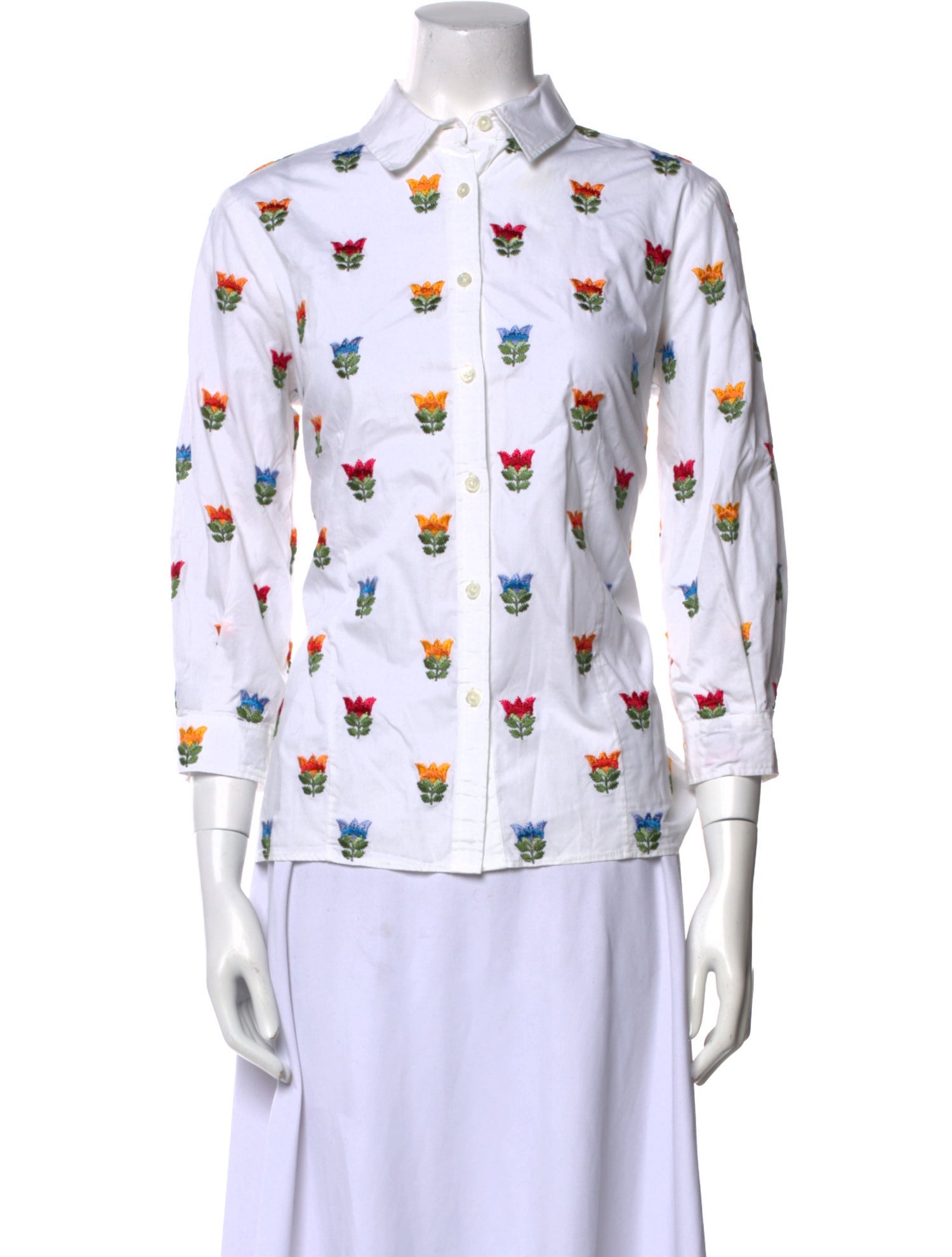 Carolina Herrera Printed Three-Quarter Sleeve Button-Up Top