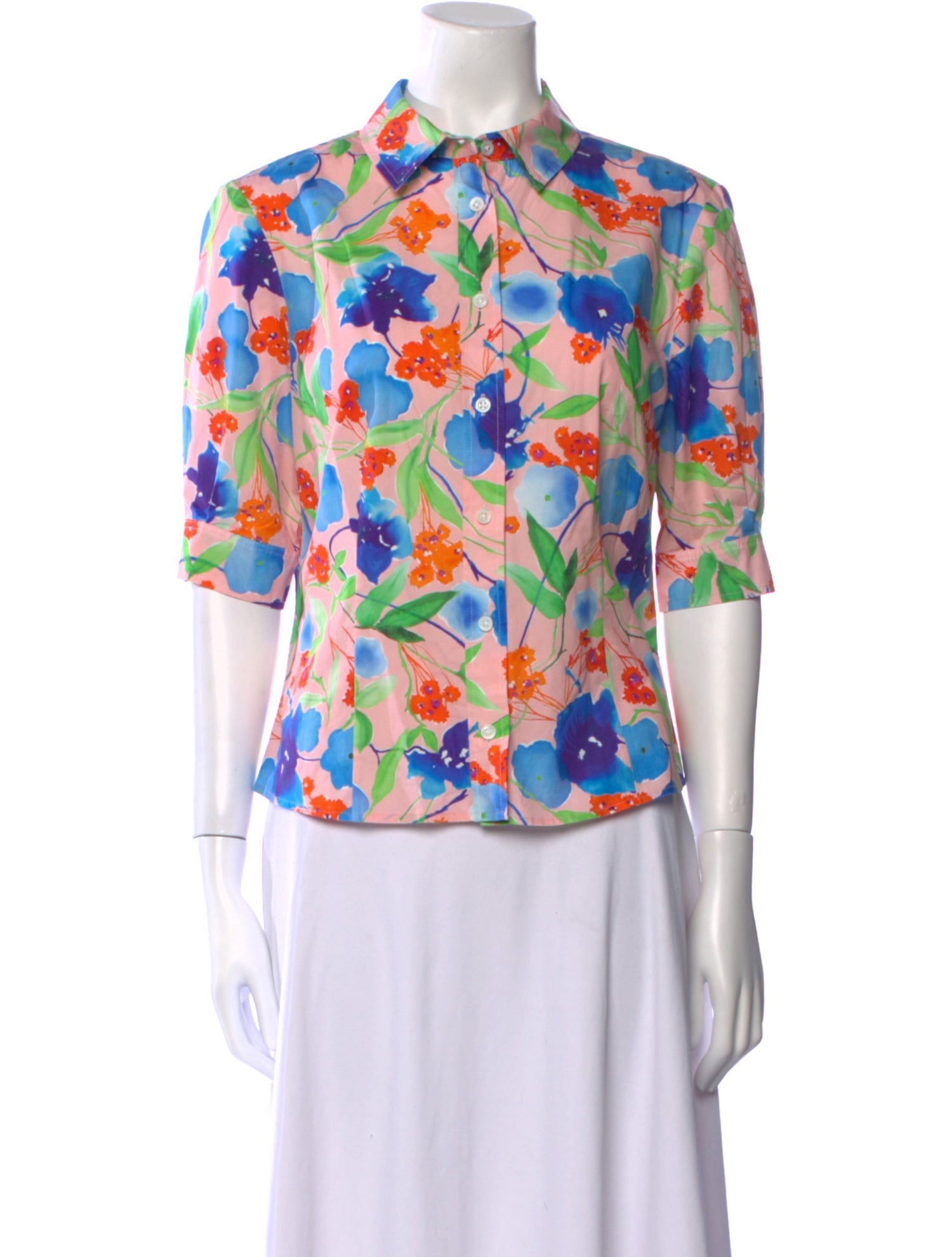 Carolina Herrera Floral Print Three-Quarter Sleeve Button-Up Top